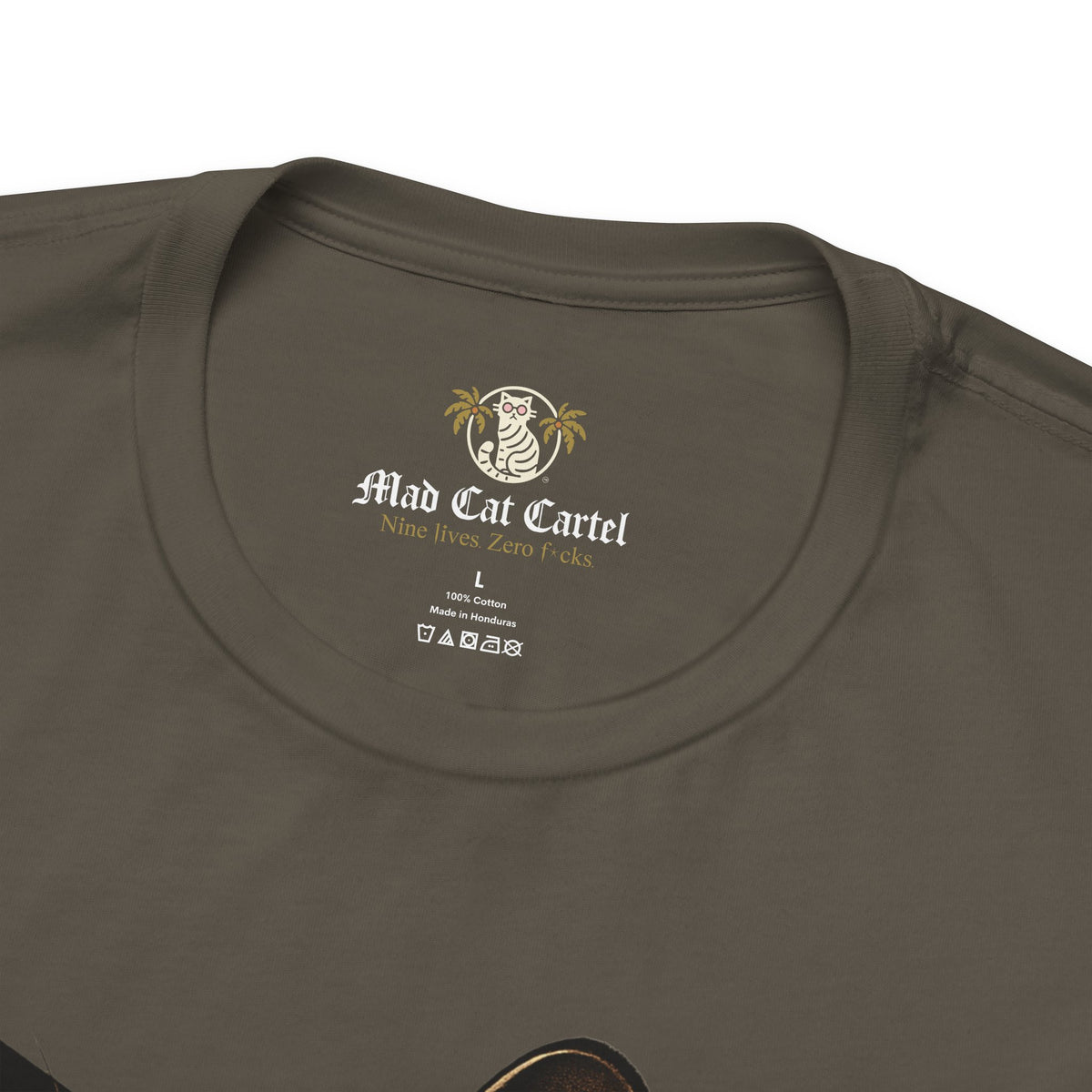 Furdi Cat Icon Graphic T-Shirt in army, close-up detail
