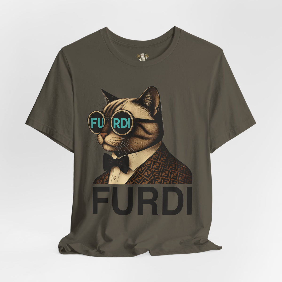 Furdi Cat Icon Graphic T-Shirt in army, flat lay