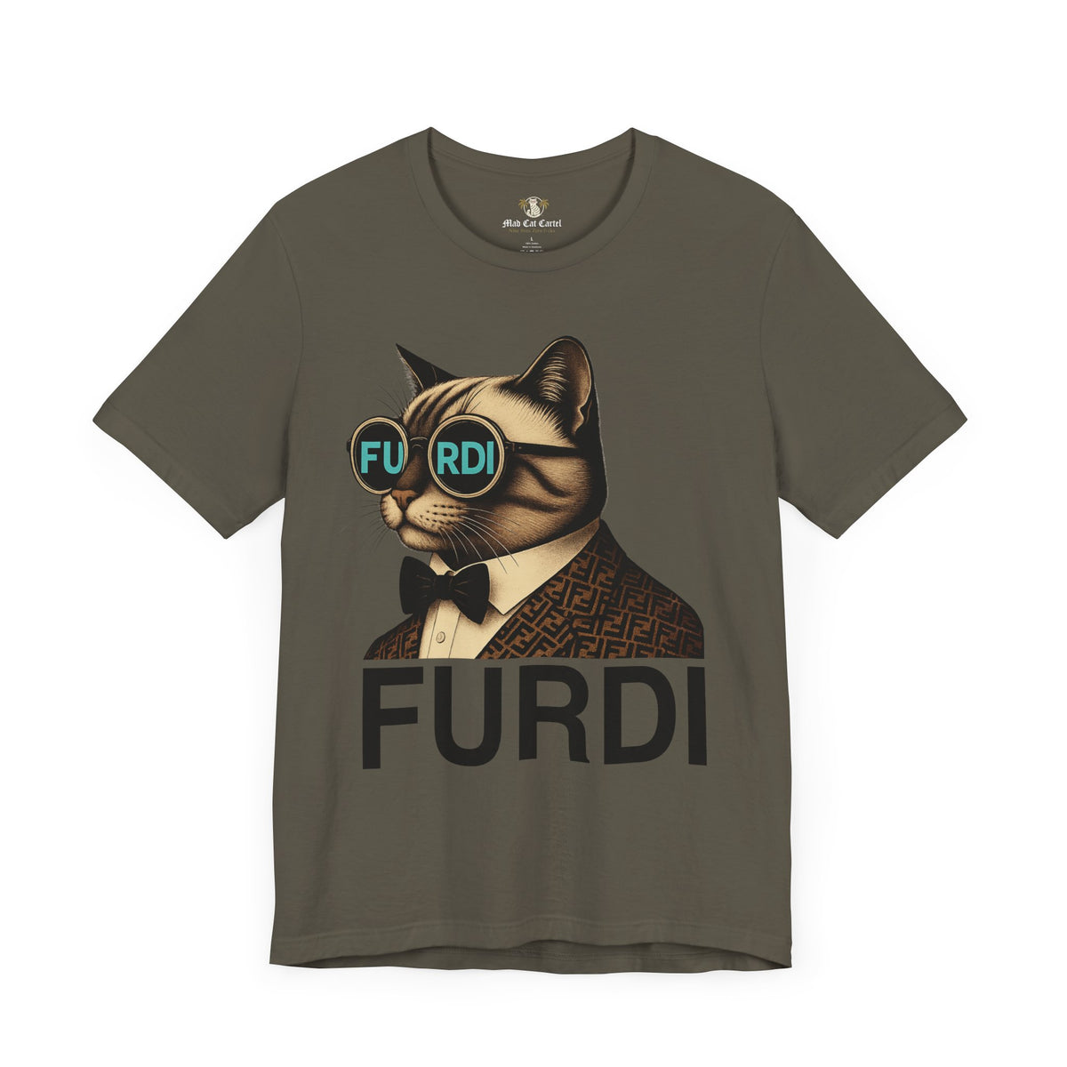 Furdi Cat Icon Graphic T-Shirt in army, front view