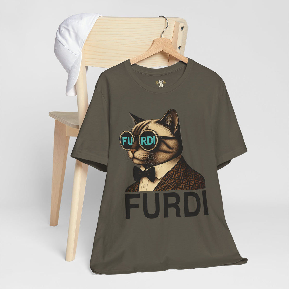 Furdi Cat Icon Graphic T-Shirt in army, styled in a lifestyle setting