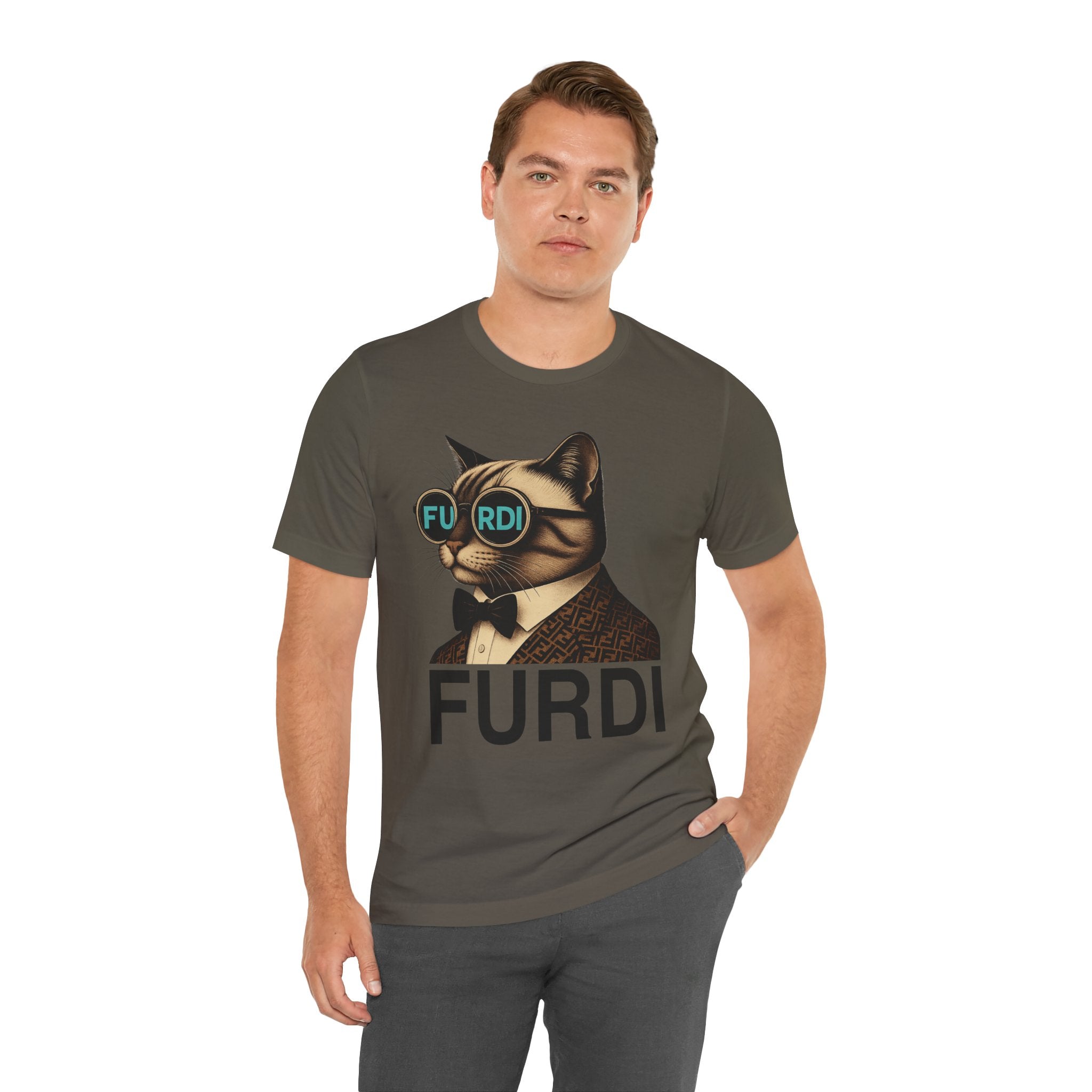 Furdi Cat Icon Graphic T-Shirt in army, worn by a male model