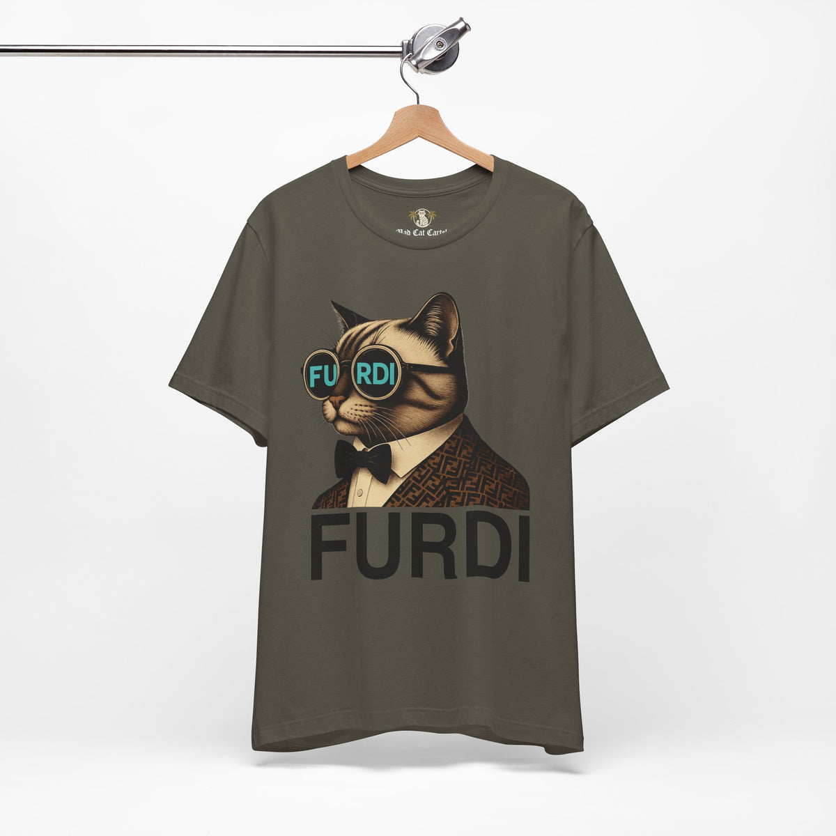 Furdi Cat Icon Graphic T-Shirt in army, on a hanger