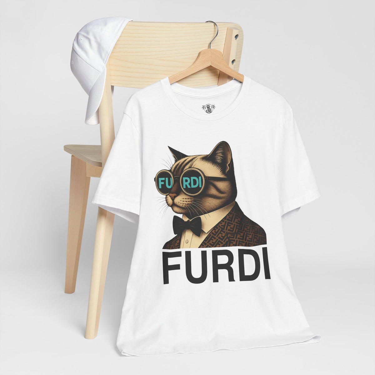 Furdi Cat Icon Graphic T-Shirt in white, styled in a lifestyle setting
