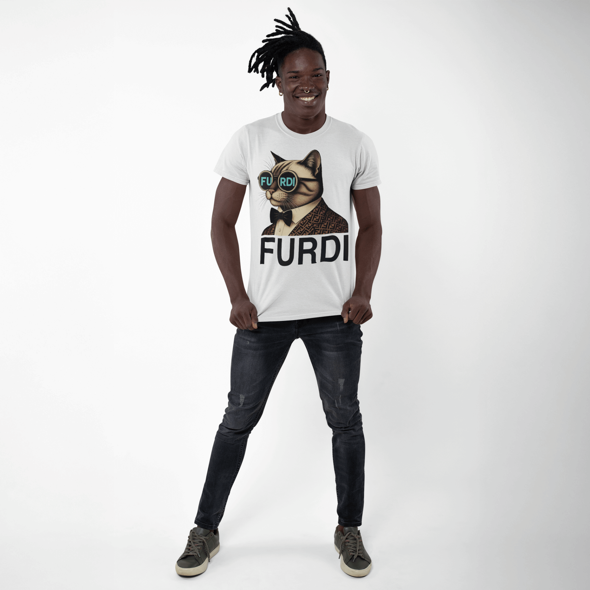 Furdi Cat Icon Graphic T-Shirt in white, worn by a male model