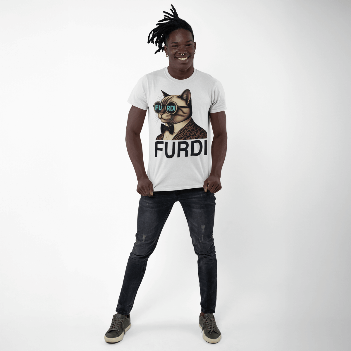 Furdi Cat Icon Graphic T-Shirt in white, worn by a male model