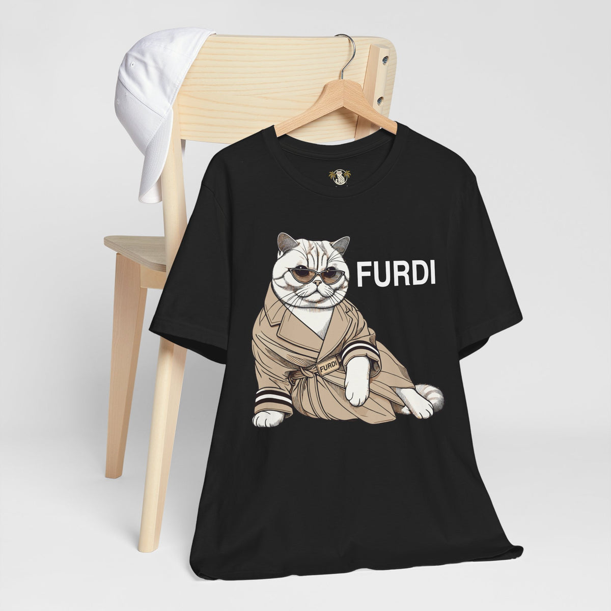 Furdi Lounge Royal Cat Graphic T-Shirt in black, styled in a lifestyle setting