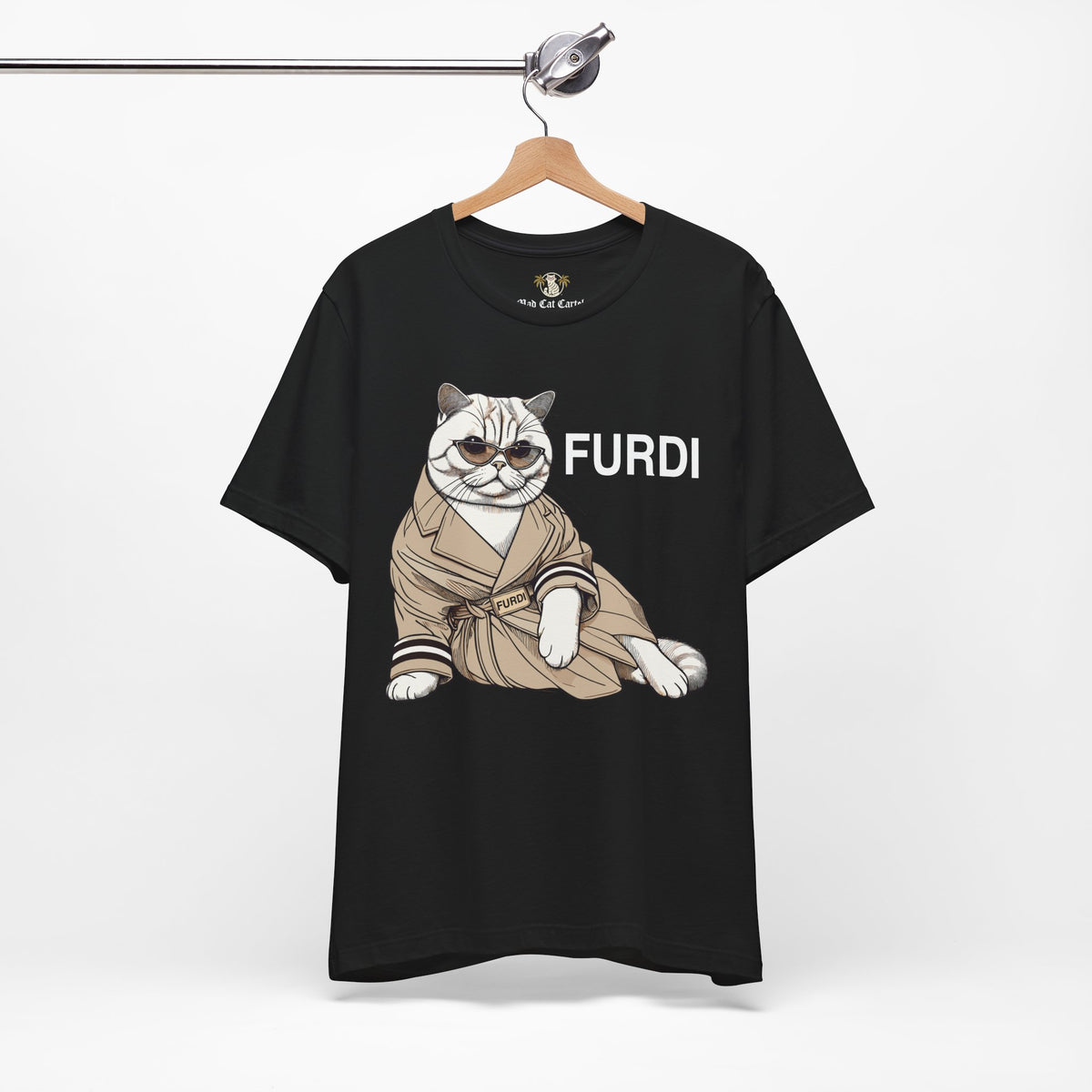 Furdi Lounge Royal Cat Graphic T-Shirt in black, on a hanger