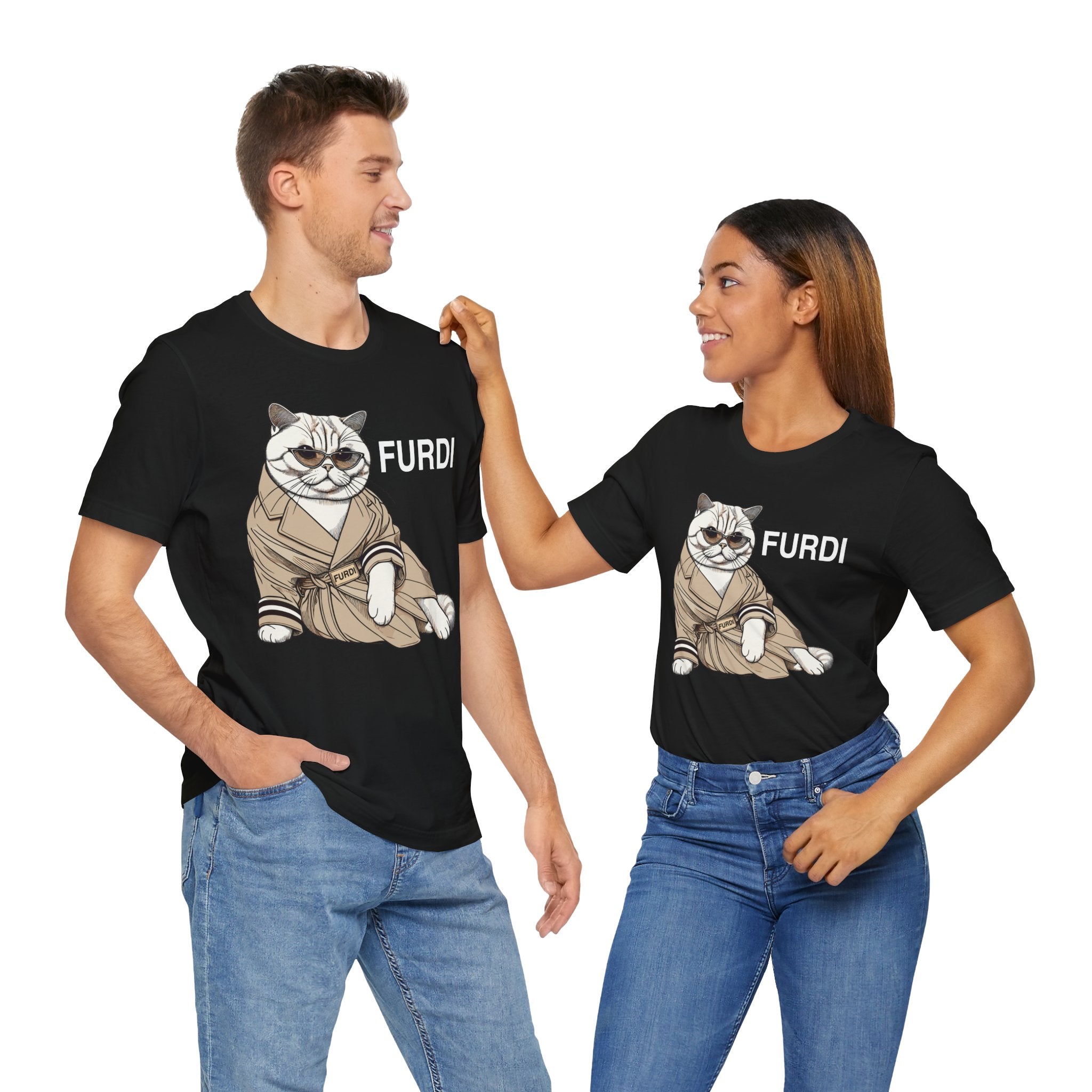 Furdi Lounge Royal Cat Graphic T-Shirt in black, worn by two models