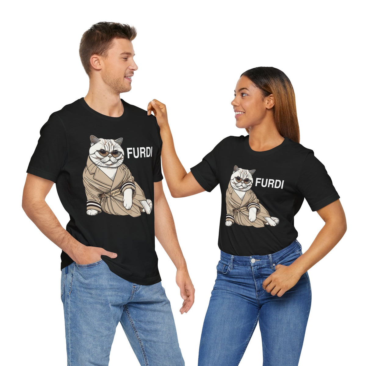 Furdi Lounge Royal Cat Graphic T-Shirt in black, worn by two models