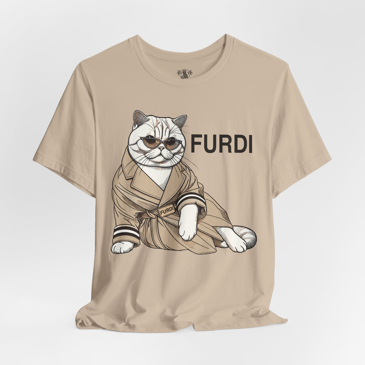 Furdi Lounge Royal Cat Graphic T-Shirt in tan, flat lay