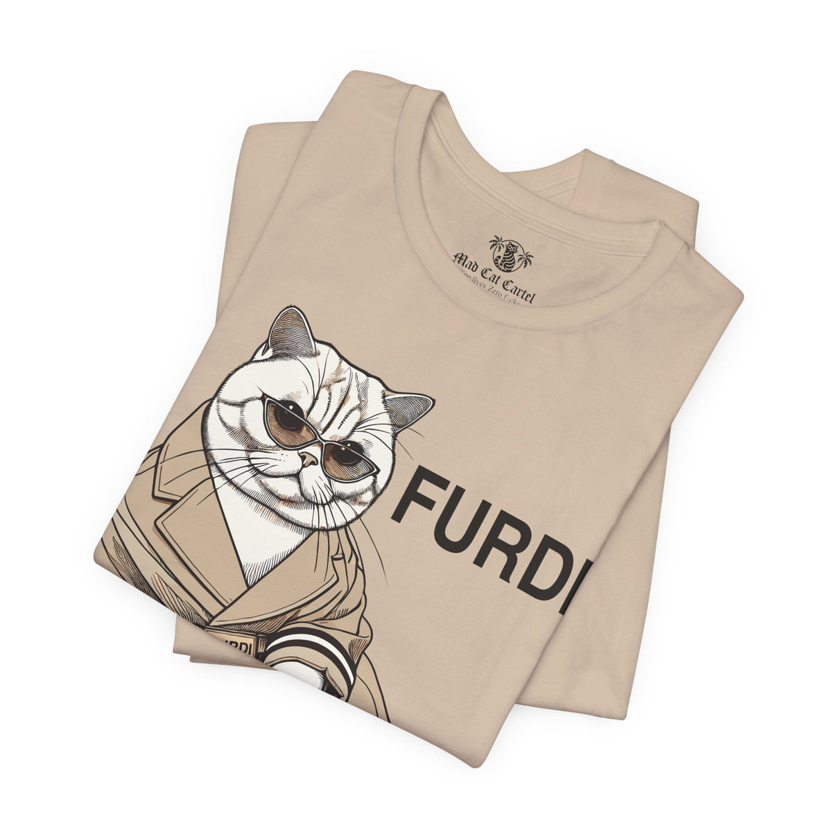 Furdi Lounge Royal Cat Graphic T-Shirt in tan, folded