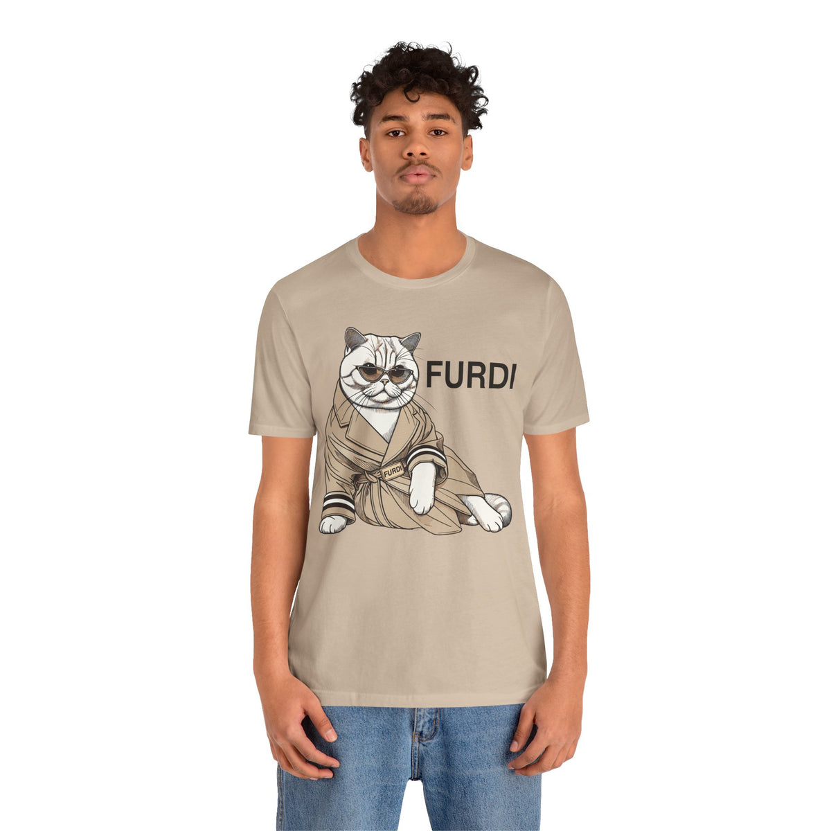 Furdi Lounge Royal Cat Graphic T-Shirt in tan, worn by a male model