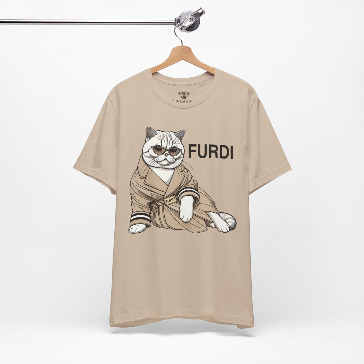 Furdi Lounge Royal Cat Graphic T-Shirt in tan, on a hanger