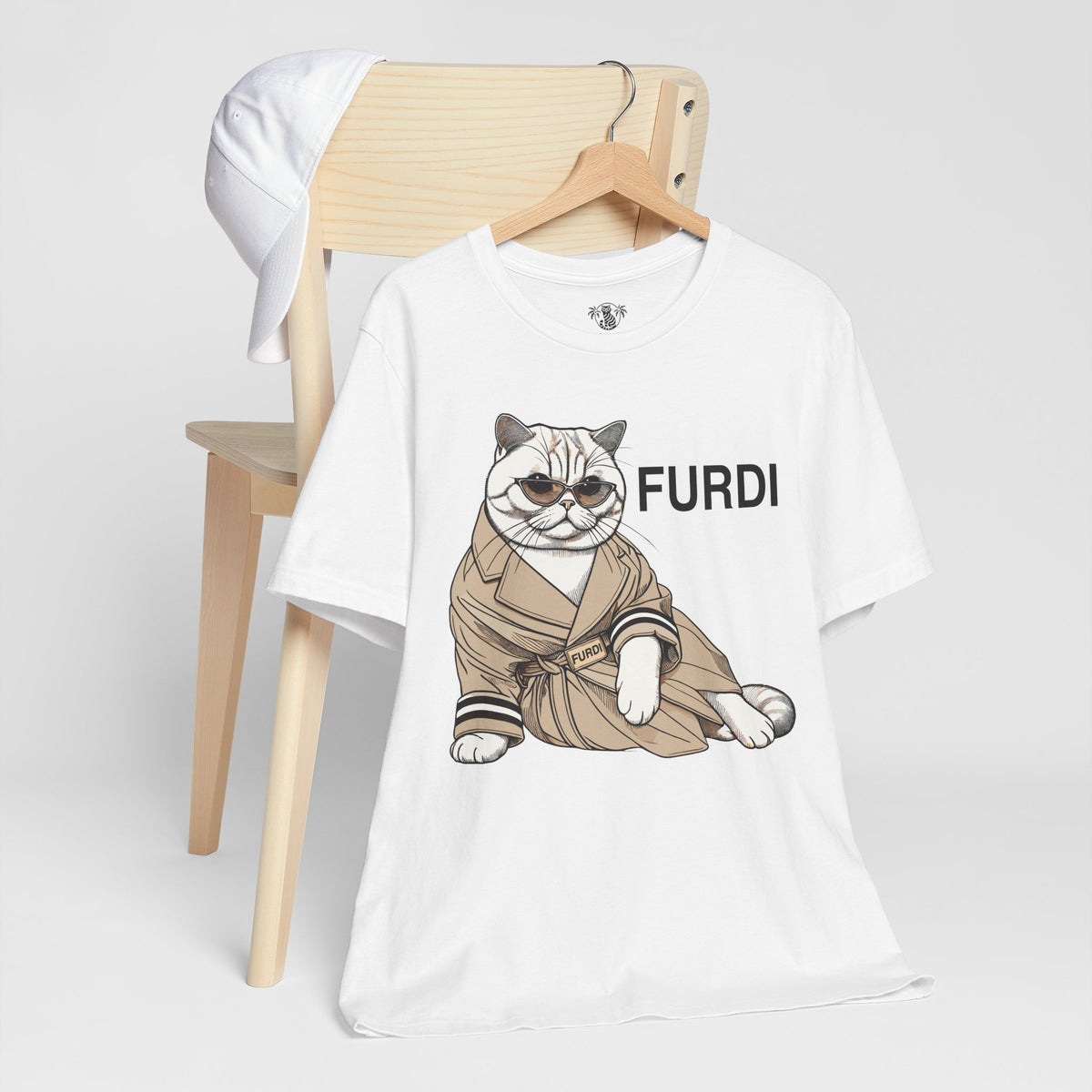 Furdi Lounge Royal Cat Graphic T-Shirt in white, styled in a lifestyle setting