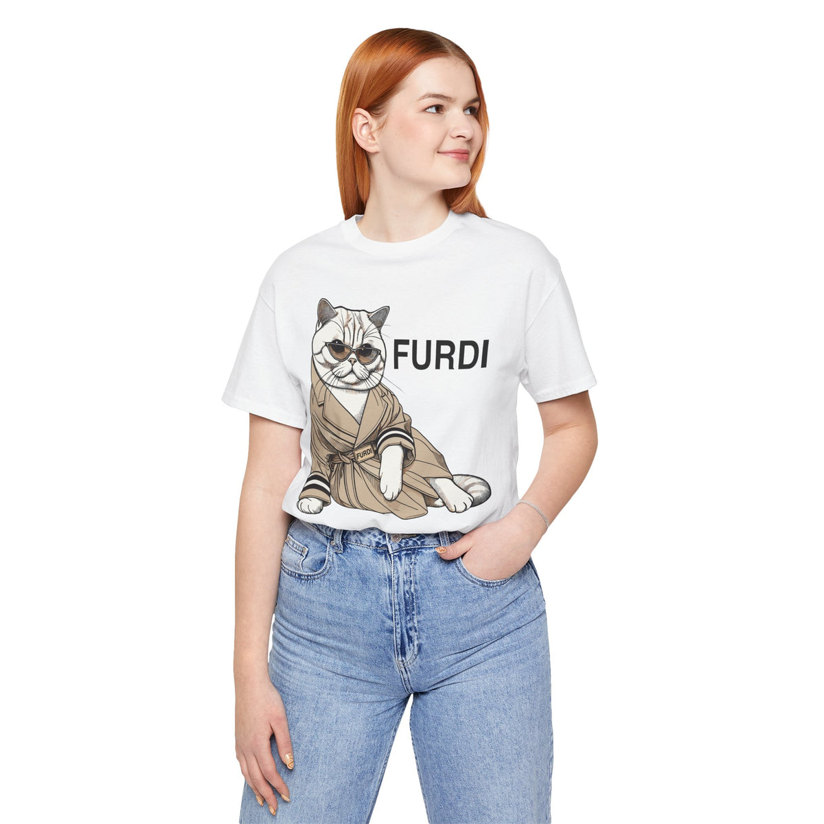 Furdi Lounge Royal Cat Graphic T-Shirt in white, worn by a model