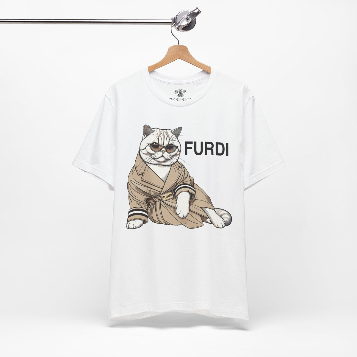 Furdi Lounge Royal Cat Graphic T-Shirt in white, on a hanger