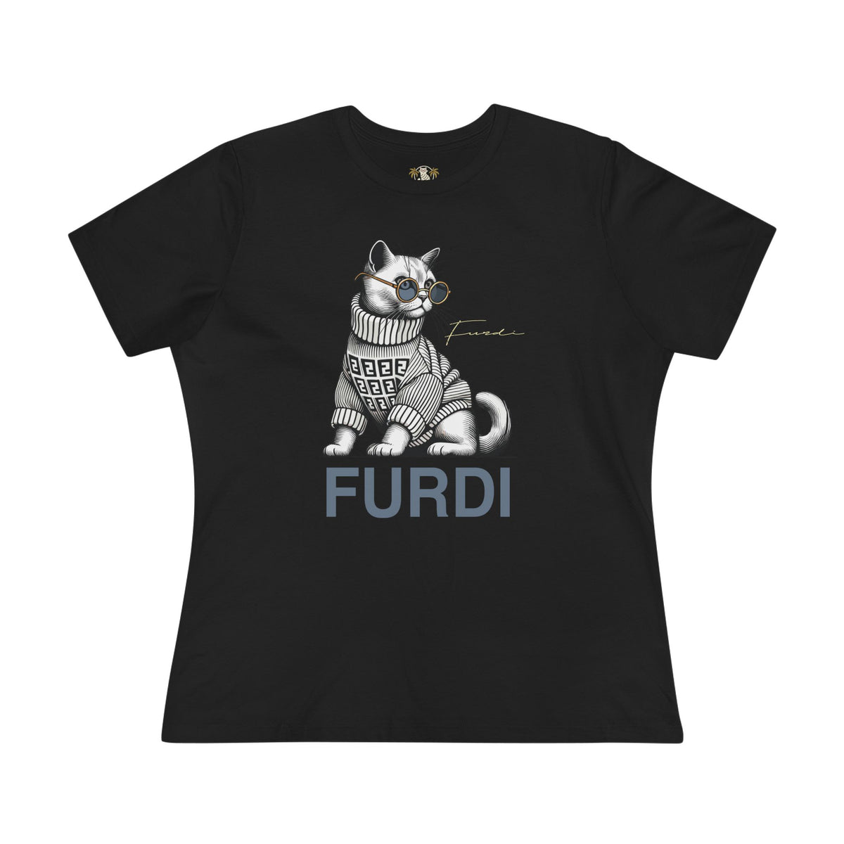 Furdi Turtleneck Cat Women's Black Graphic T-Shirt, flat lay