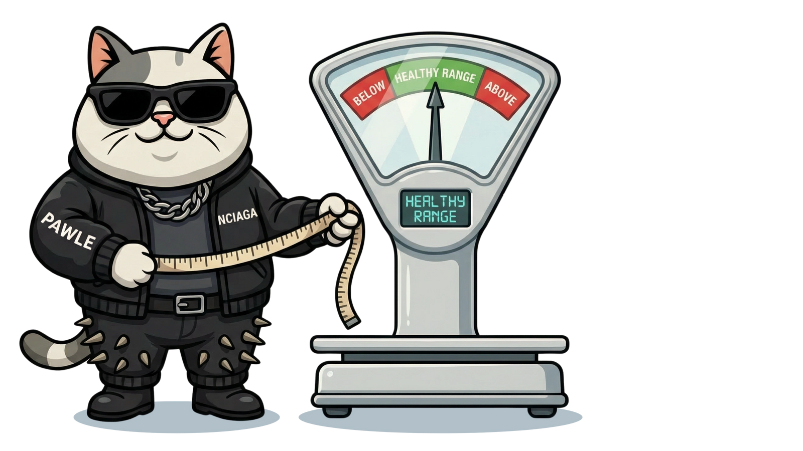 healthy cat beside a scale and measuring tape for mad cat cartel cat weight calculator