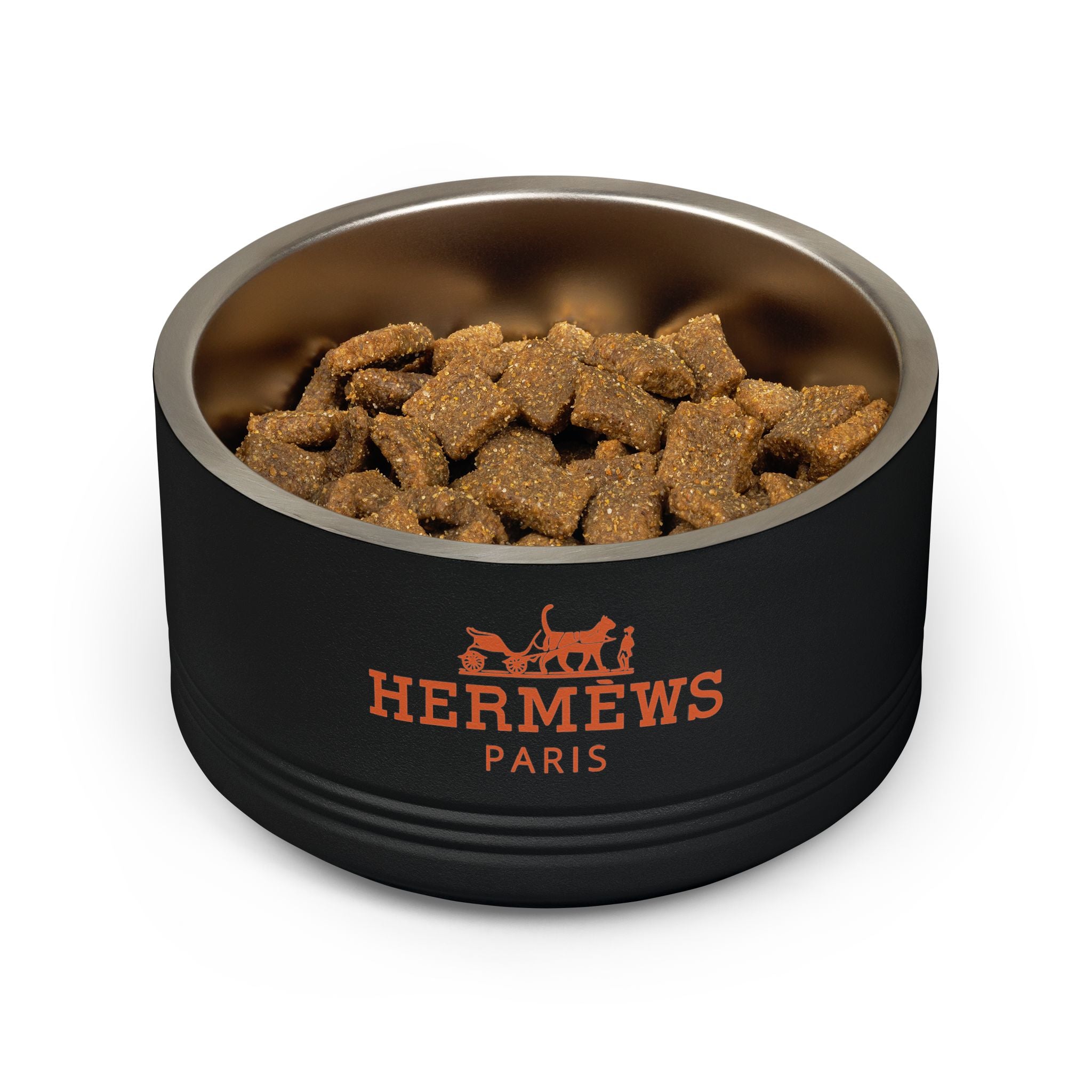 Hermèws Paris Designer Stainless Steel Cat Bowl in black, filled with cat food