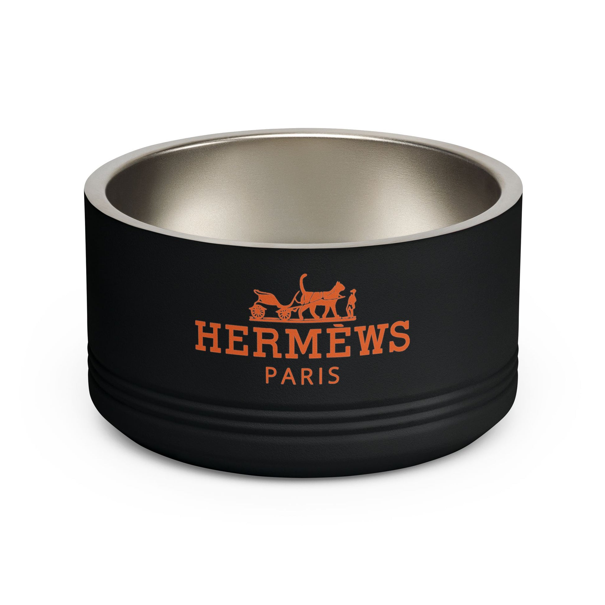 Designer cat bowl, Hermews Paris stainless steel pet bowl in black, Mad Cat Cartel