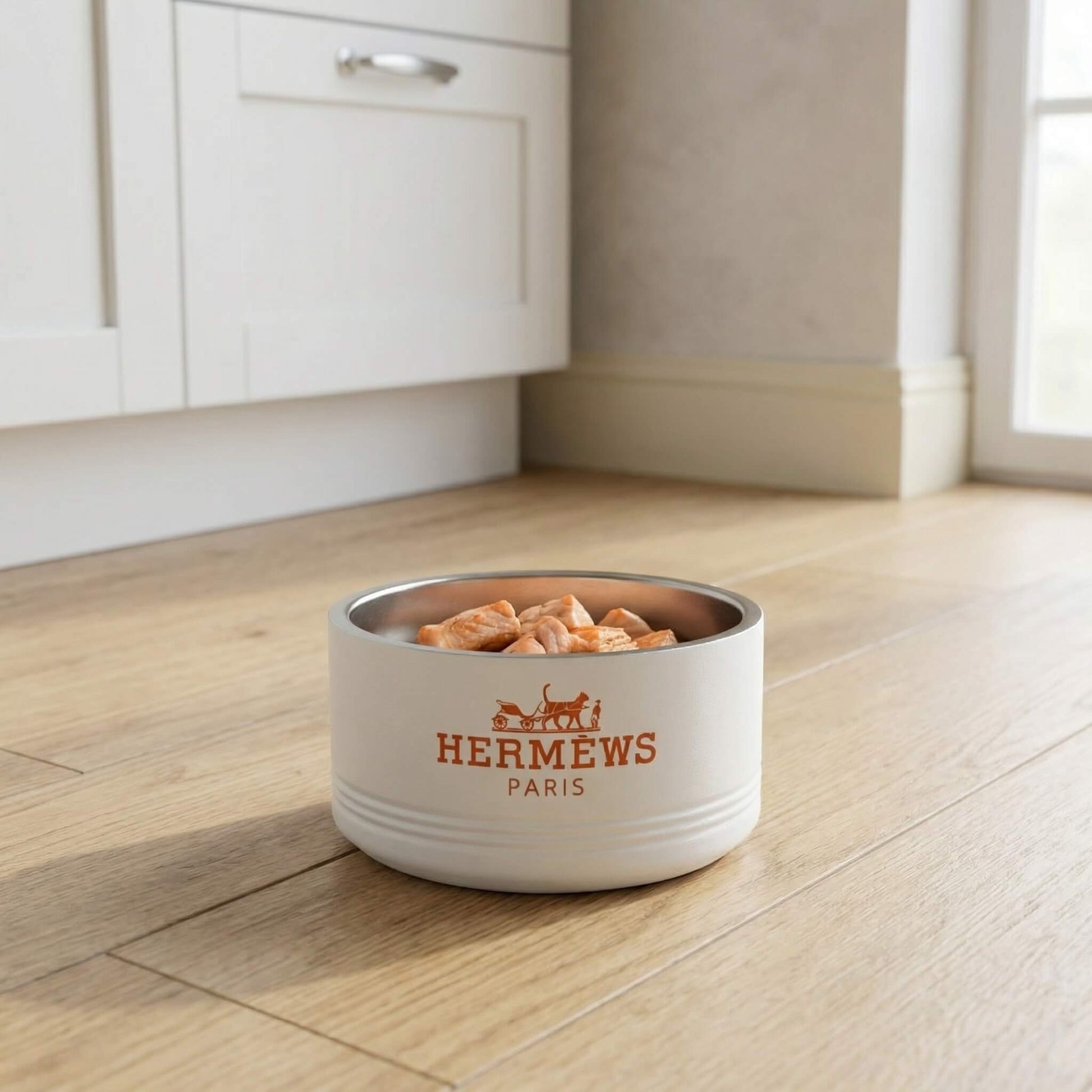 Hermews Paris white stainless steel cat bowl with food in home