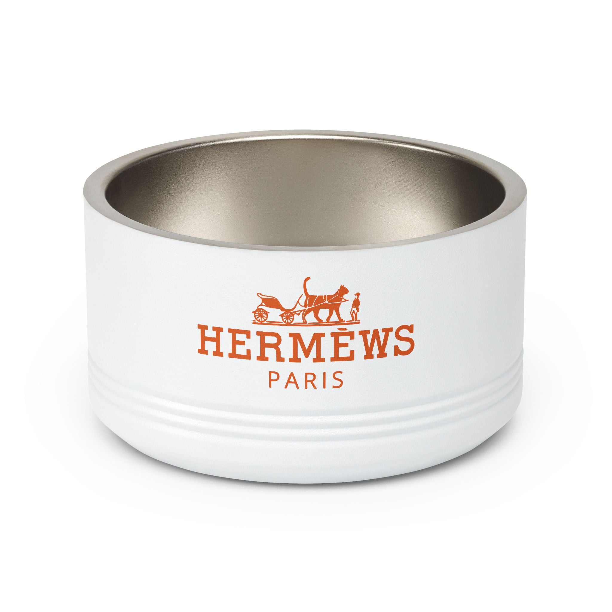 Hermèws Paris Designer Stainless Steel Cat Bowl in white, front view