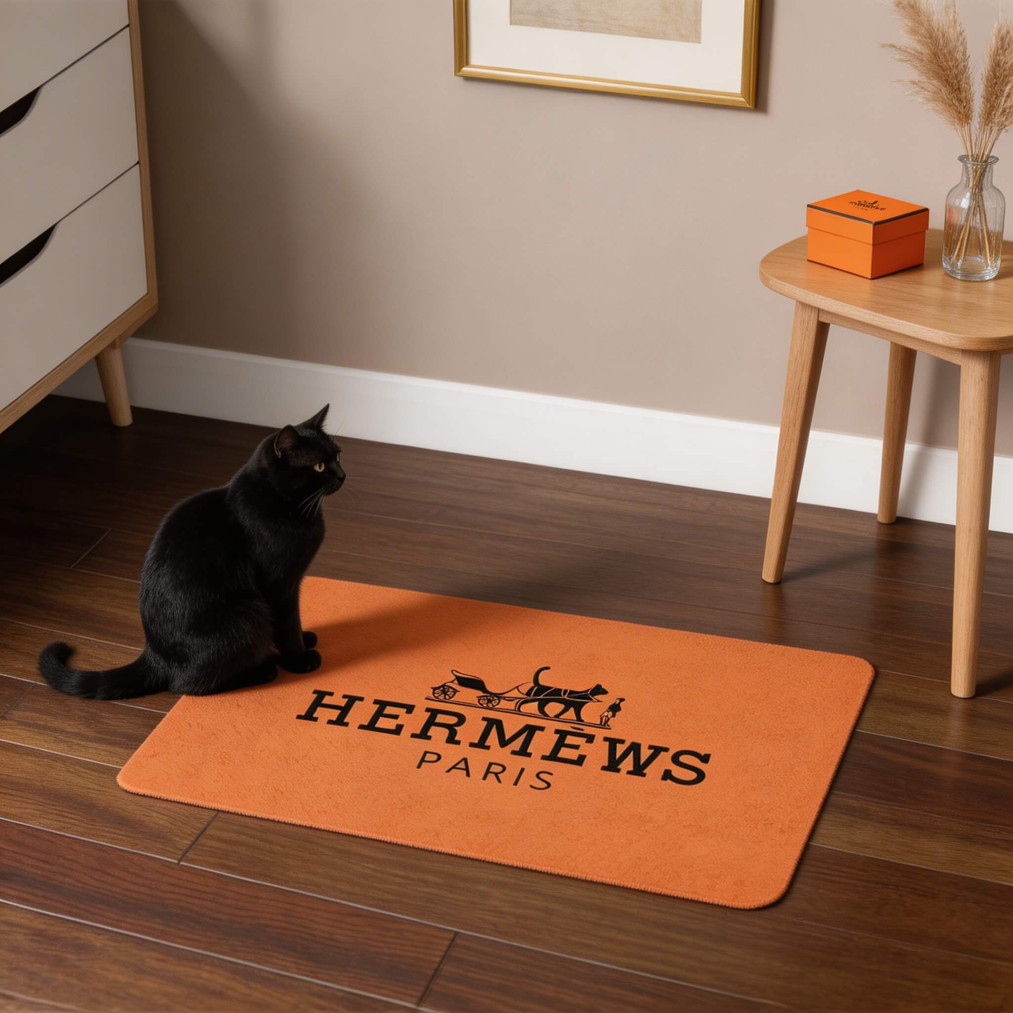 Hermews Paris orange cat feeding mat with black cat in home interior by Mad Cat Cartel