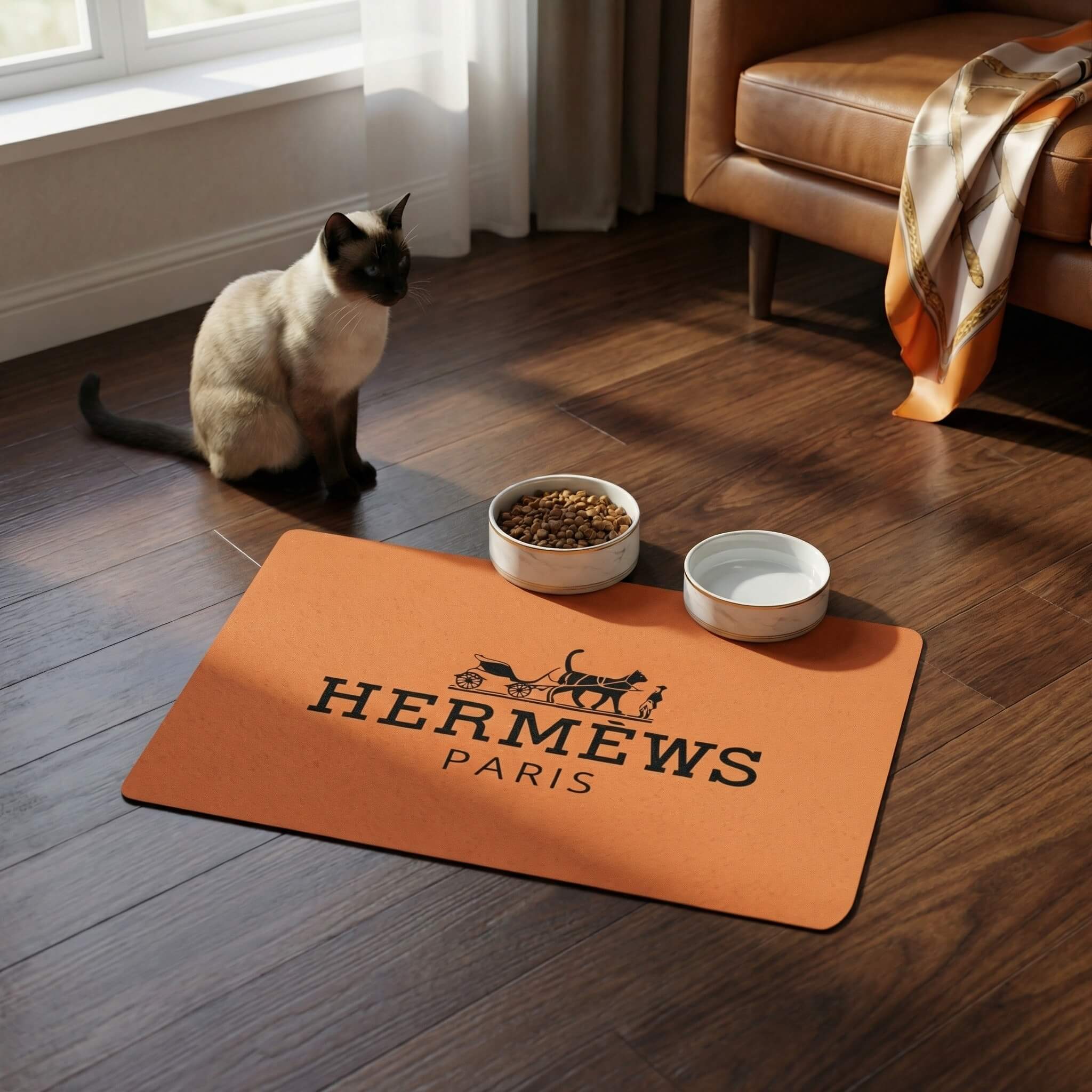 Hermews Paris cat food mat with cat and bowls orange pet feeding mat by Mad Cat Cartel