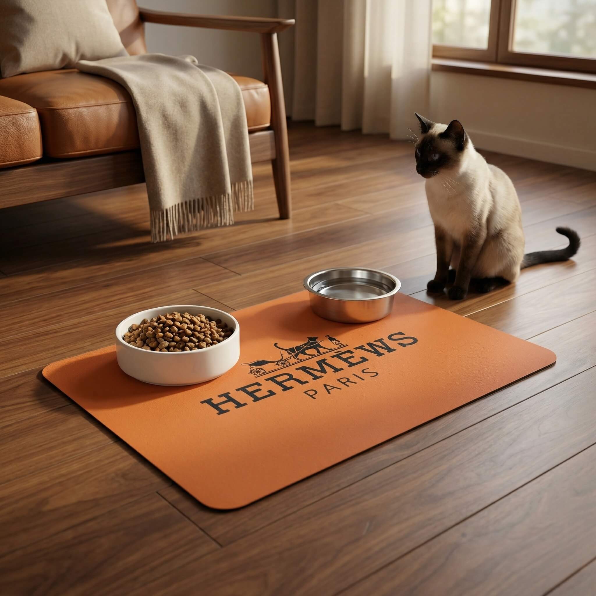 Hermews Paris designer pet feeding mat with cat food and water bowls by Mad Cat Cartel