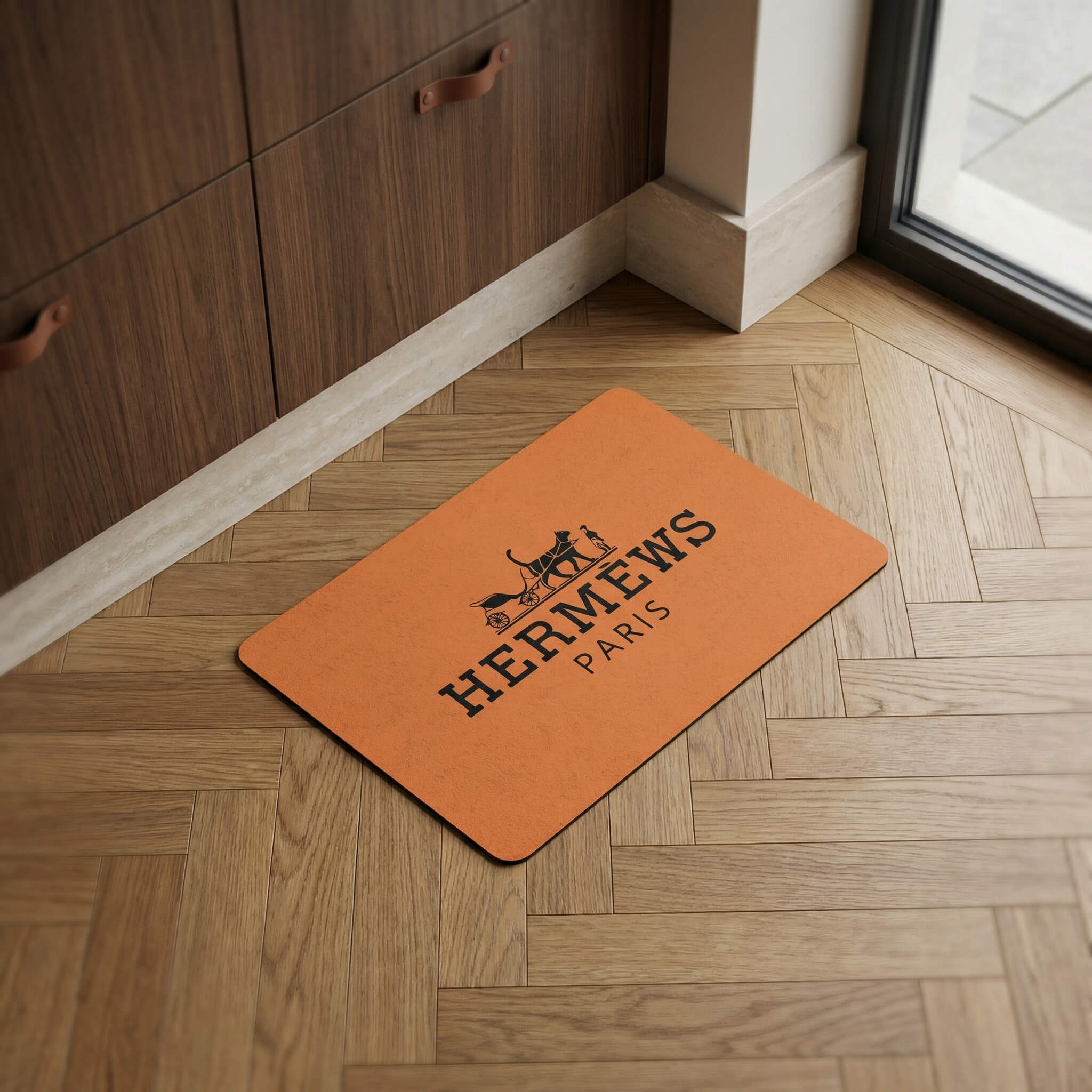 Hermèws Paris pet feeding mat on wood floor orange designer cat food mat by Mad Cat Cartel