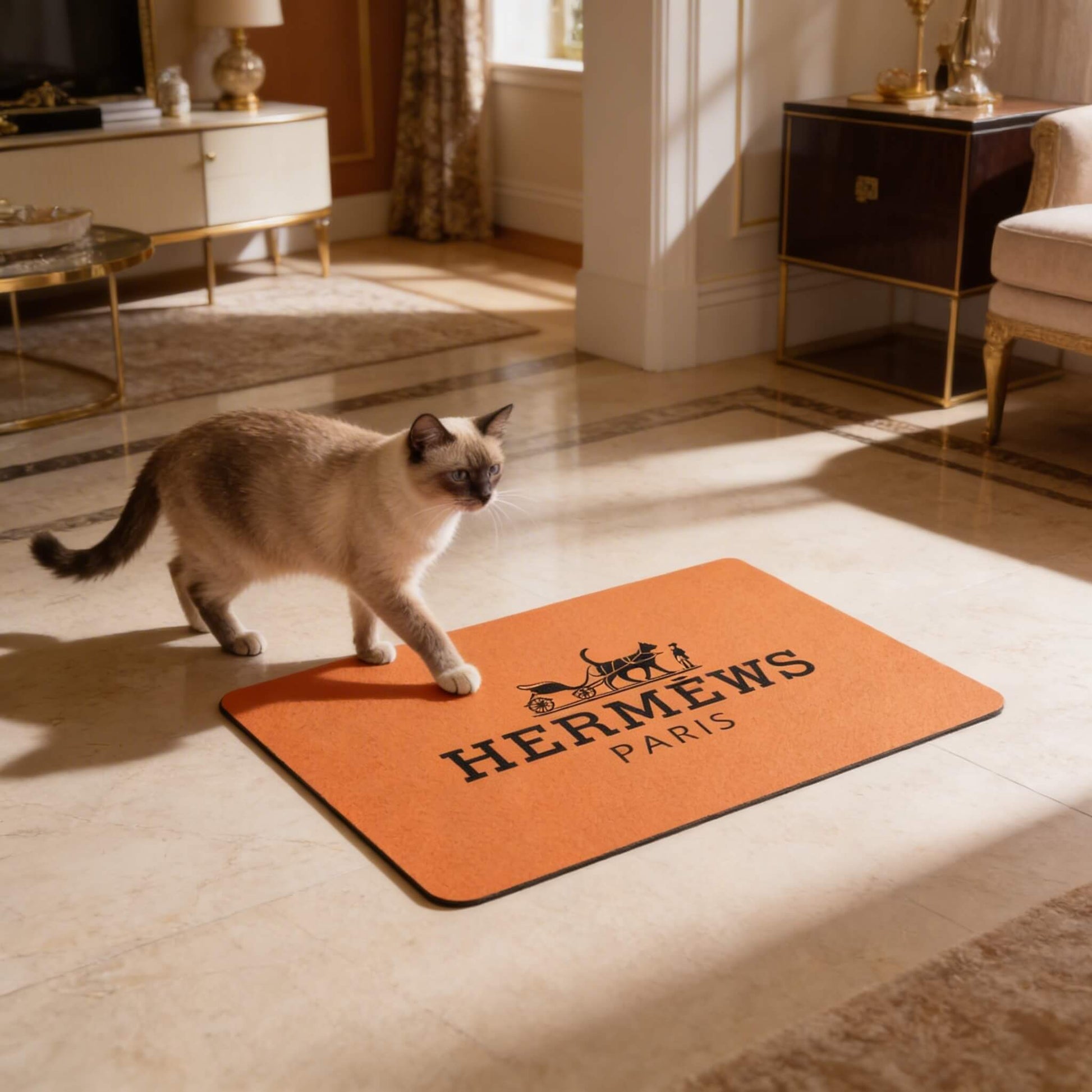 Hermèws Paris orange cat food mat with cat in luxury interior by Mad Cat Cartel