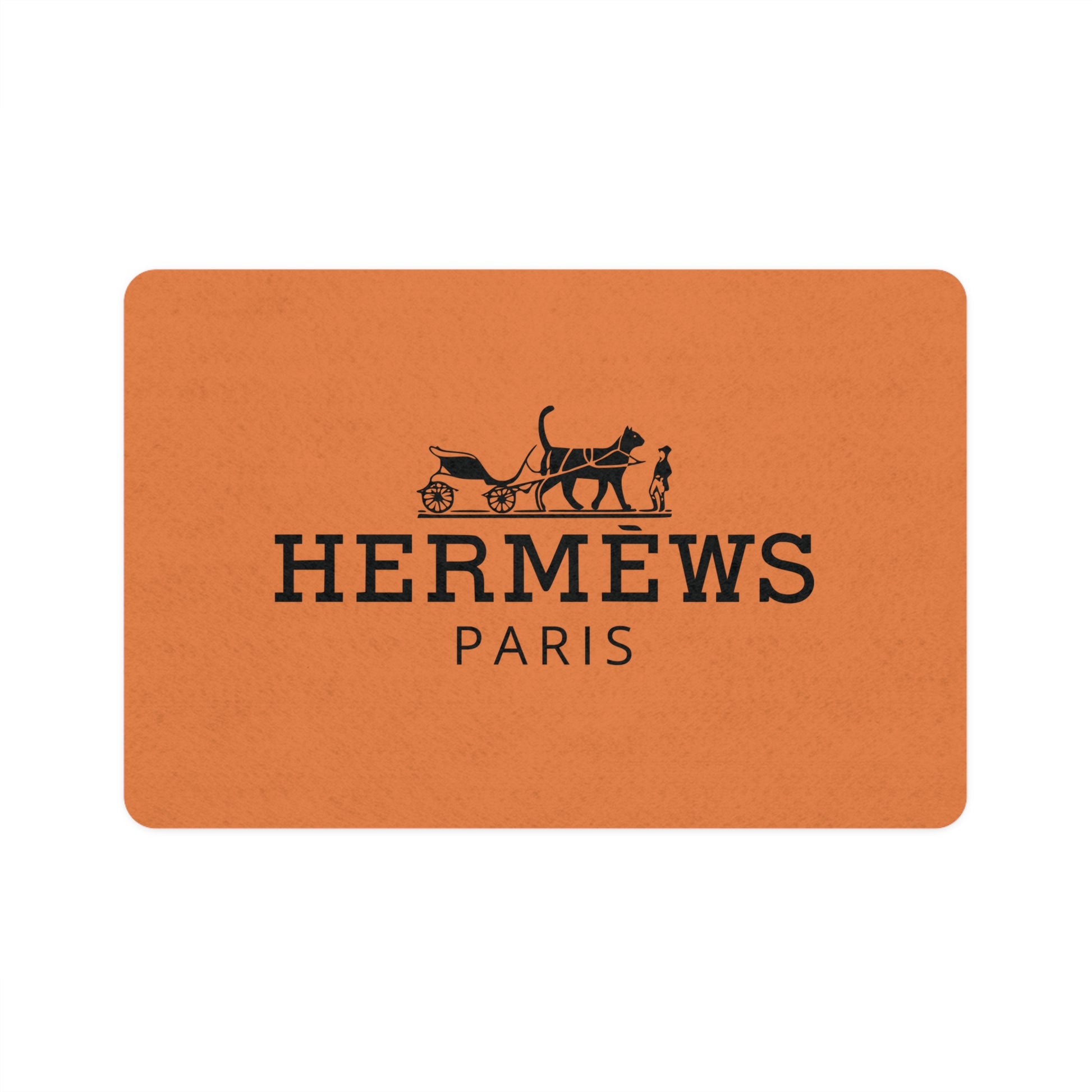 Hermews Paris designer pet feeding mat orange cat food mat with black logo by Mad Cat Cartel