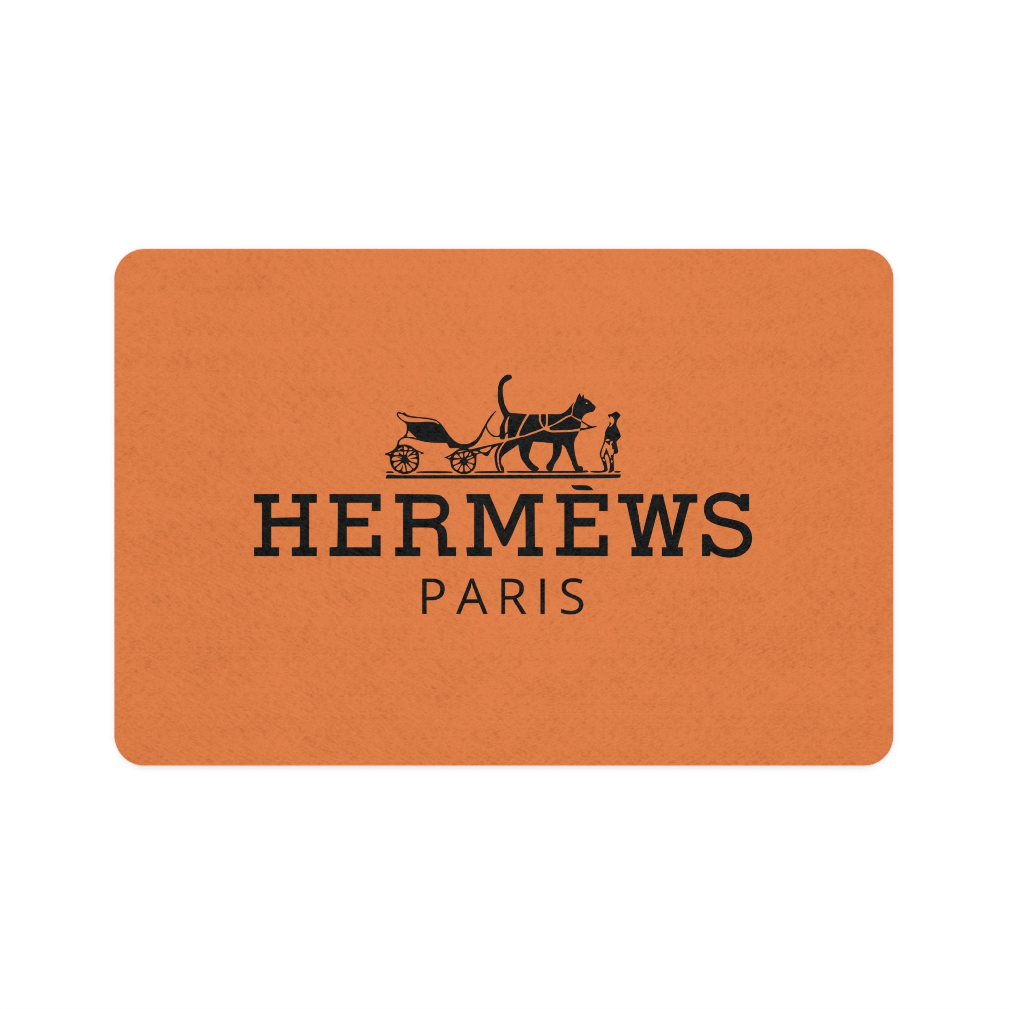Hermews Paris designer pet feeding mat orange cat food mat with black logo by Mad Cat Cartel