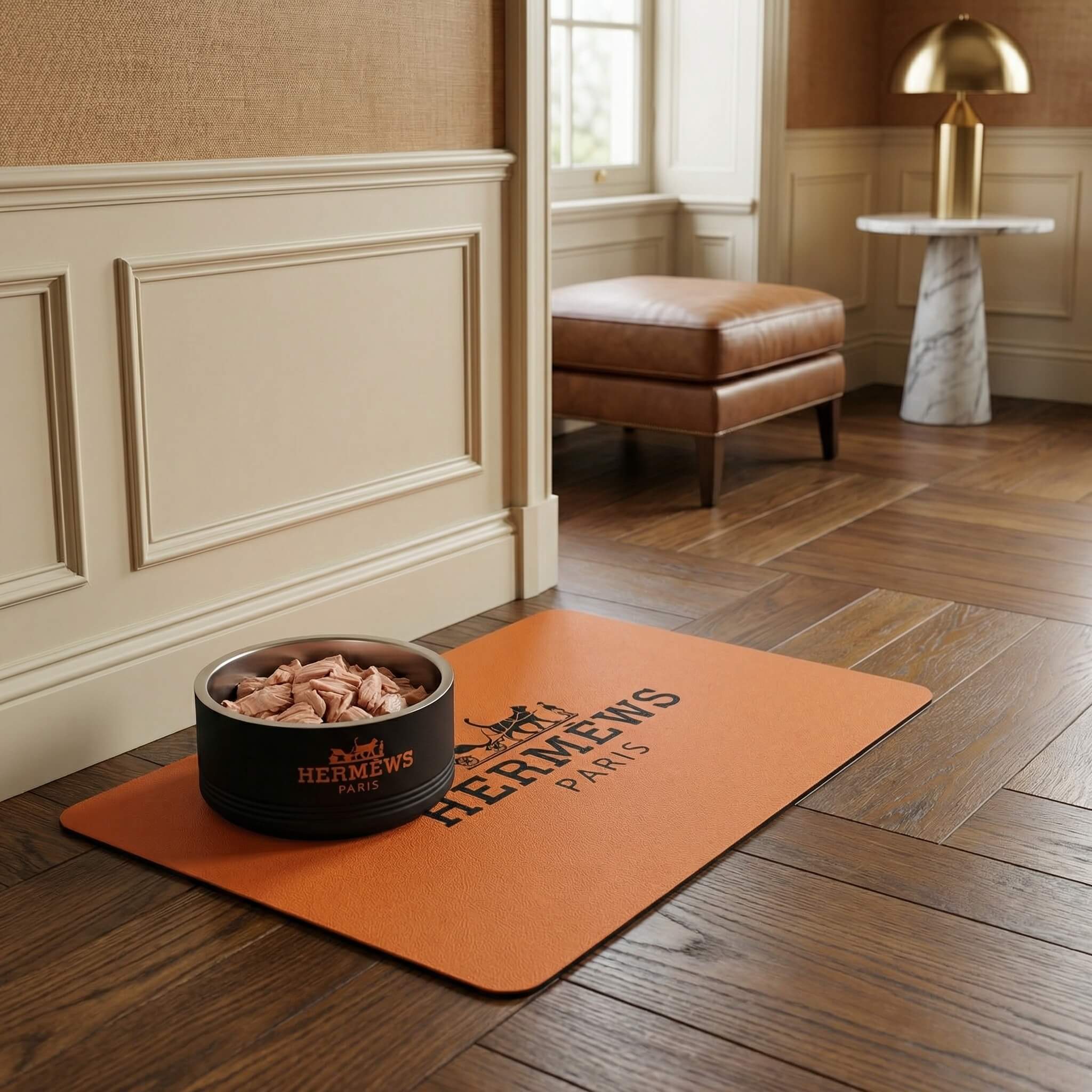 Designer pet food mat with luxury black cat bowl in elegant room by Mad Cat Cartel