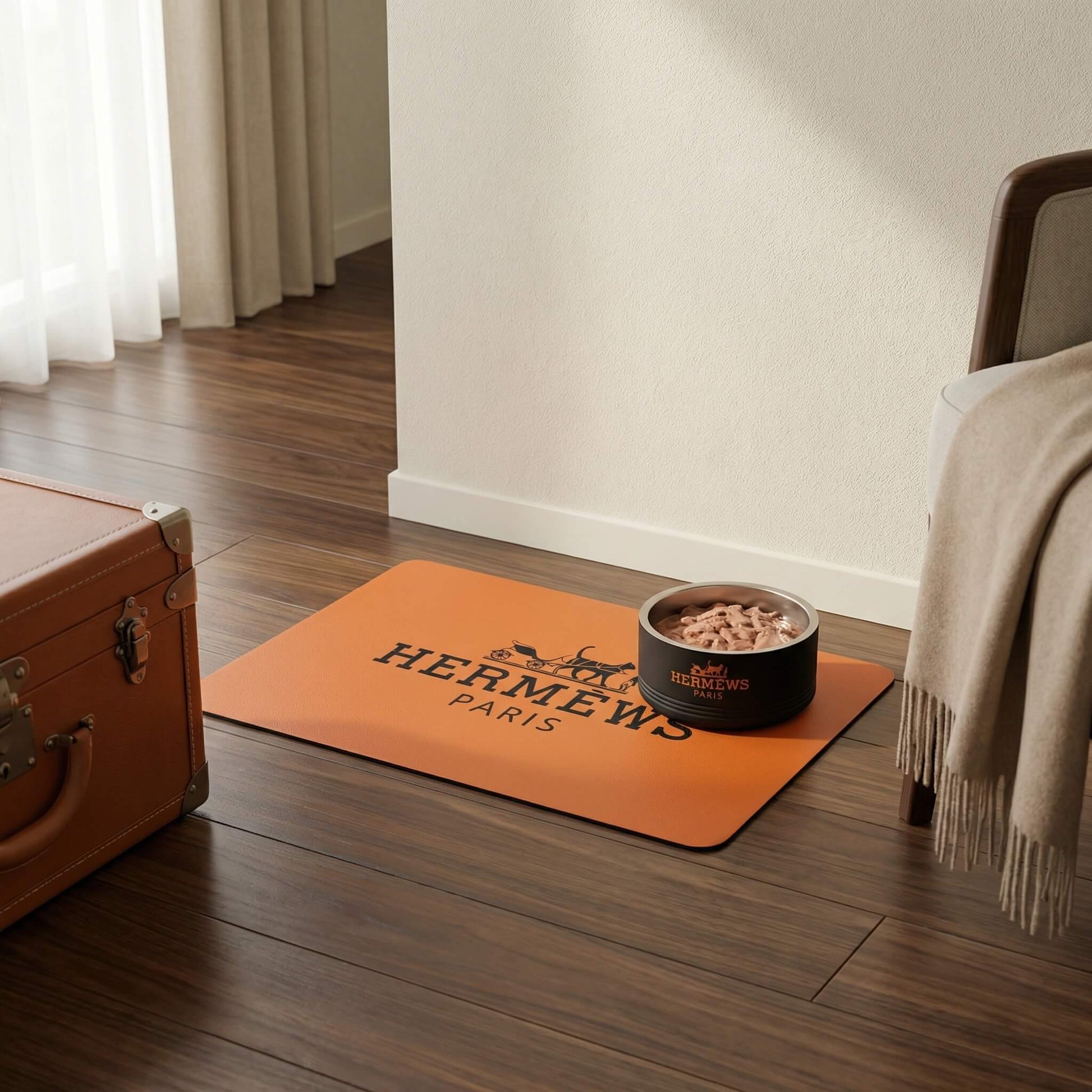 Hermèws Paris cat food mat orange pet feeding mat with luxury black bowl for cats in modern interior by Mad Cat Cartel