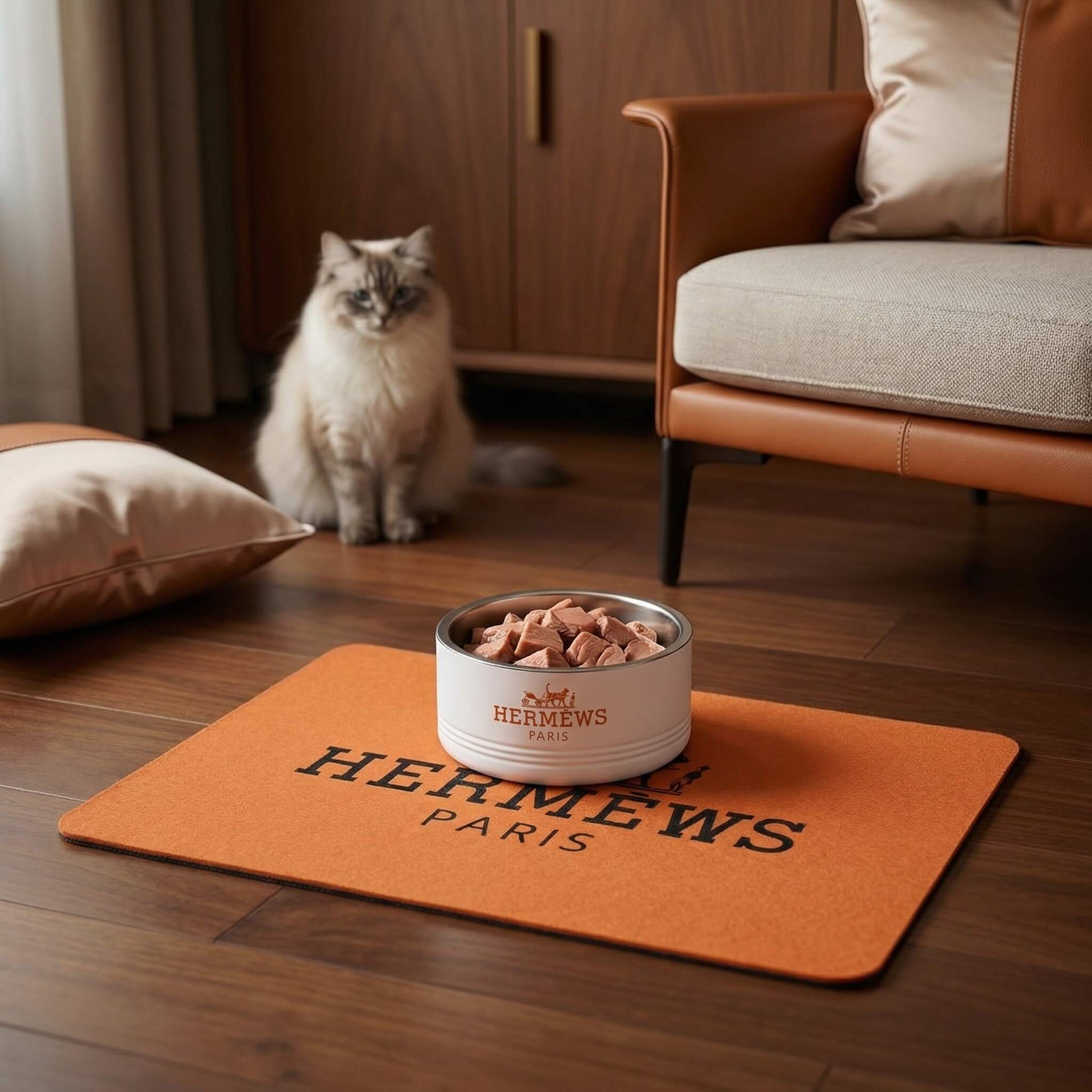 Hermews Paris designer cat bowl and matching feeding mat set Mad Cat Cartel