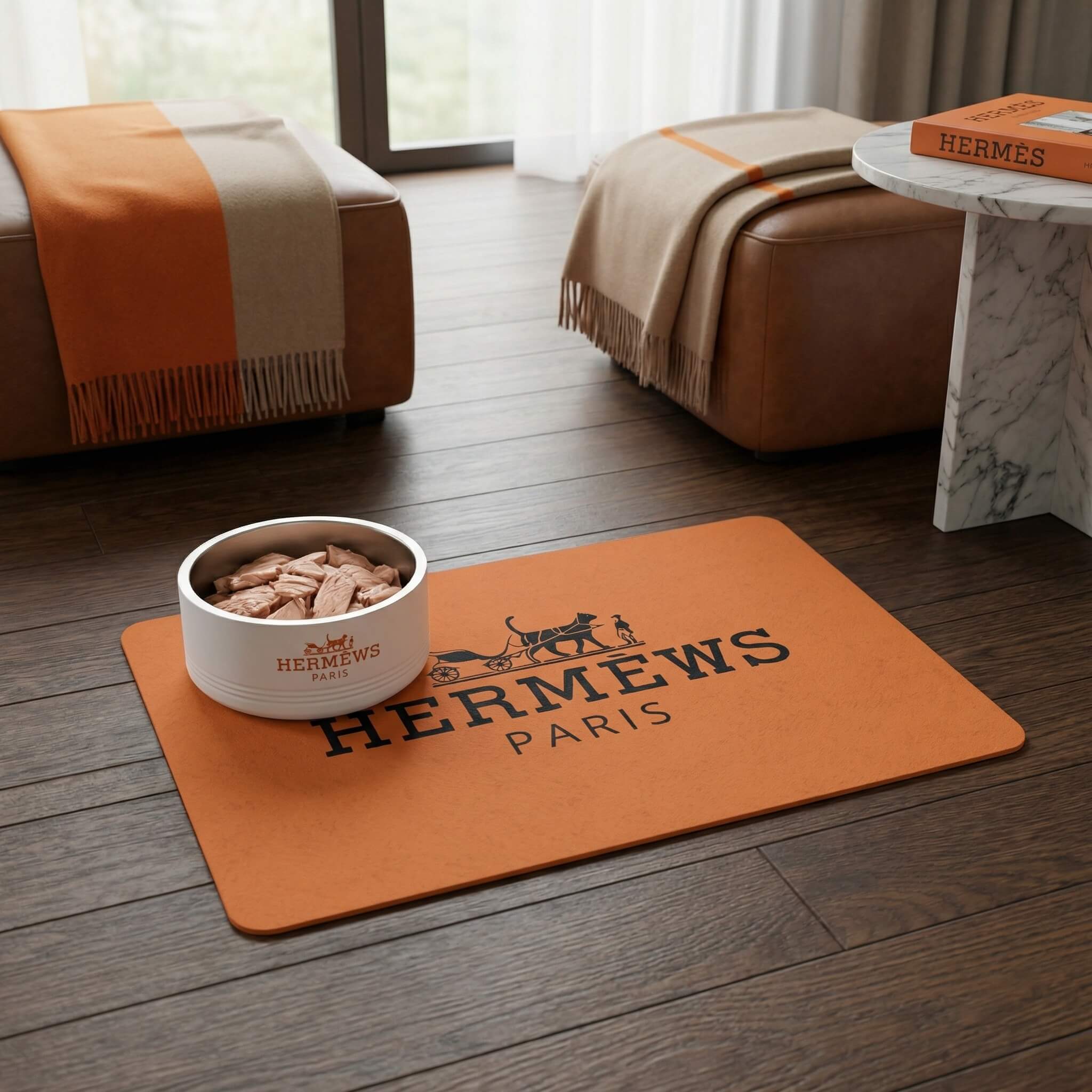 Funny designer pet feeding mat with luxury white cat bowl on wood floor orange designer mat by Mad Cat Cartel