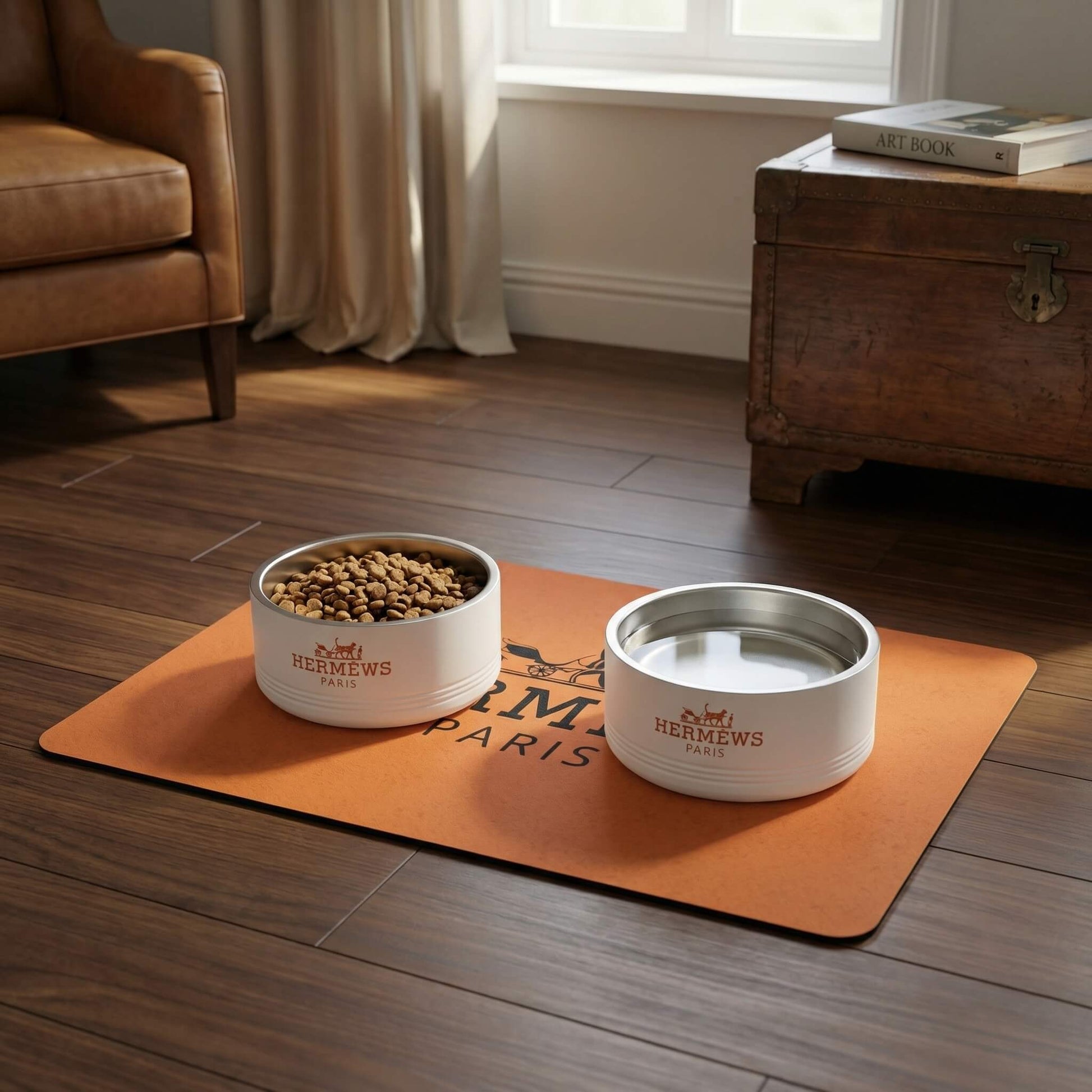 Luxury white cat bowls for food and water on feeding mat