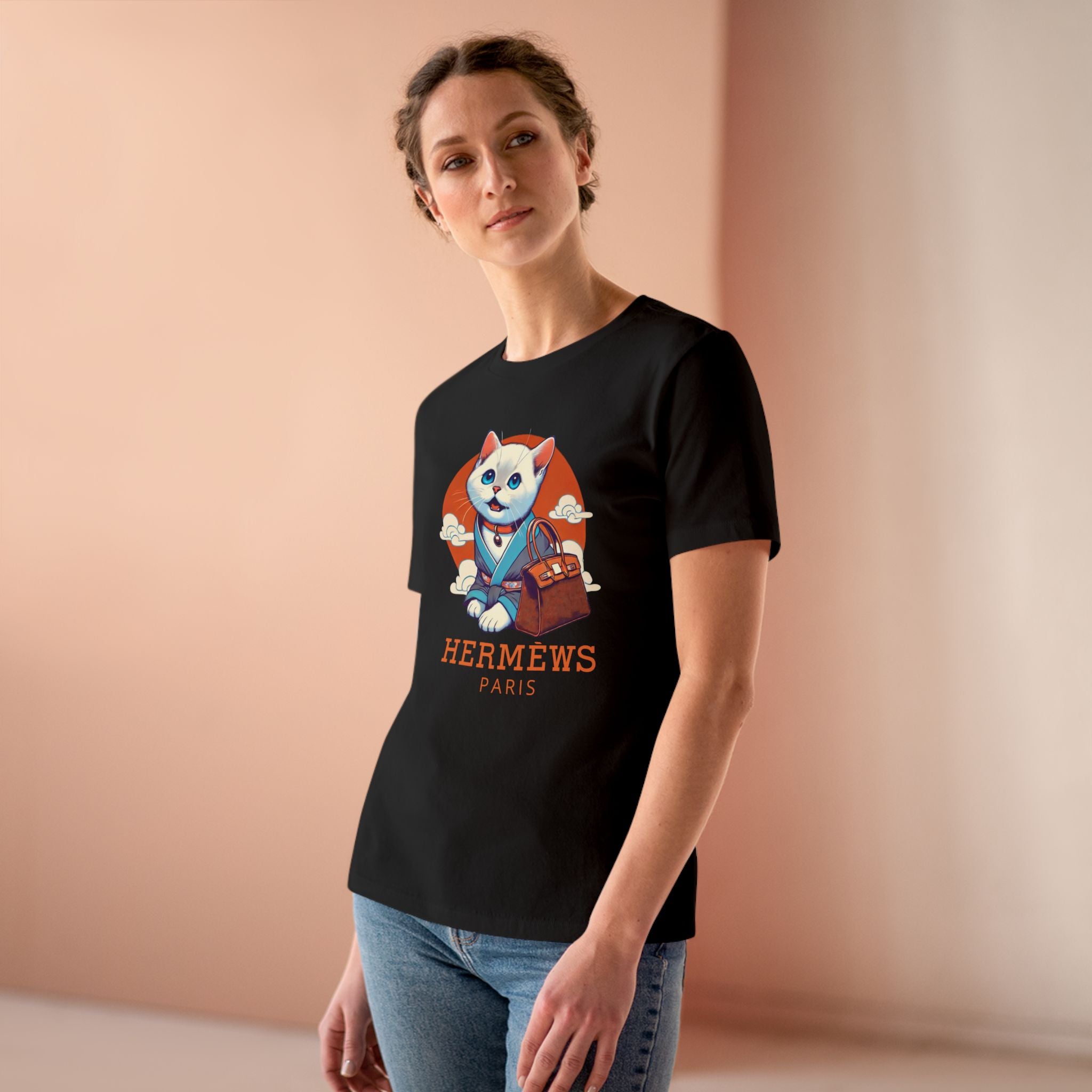 Hermèws Paris Handbag Cat Women's Graphic T-Shirt in black, worn by a model
