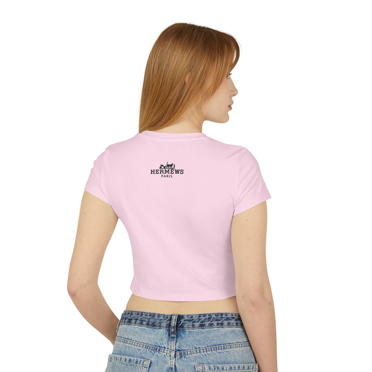 Hermèws Paris Chic Cat Graphic Women's Baby Tee in light pink, back view on a female model