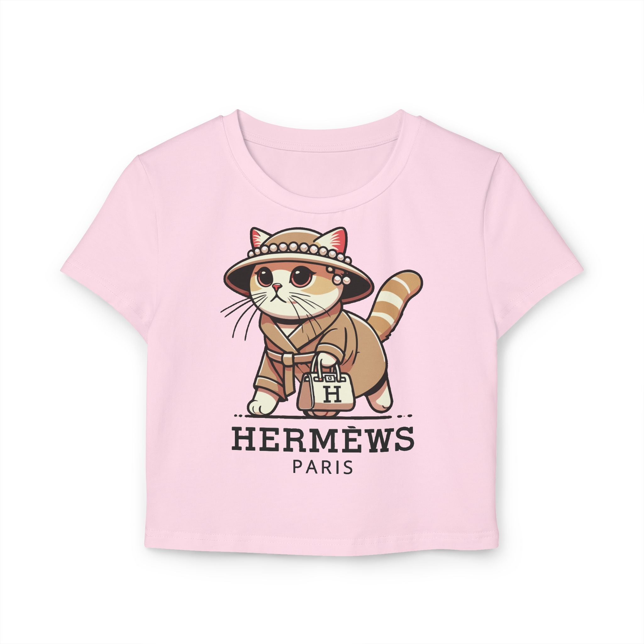 Hermèws Paris Chic Cat Graphic Women's Baby Tee in light pink, front view