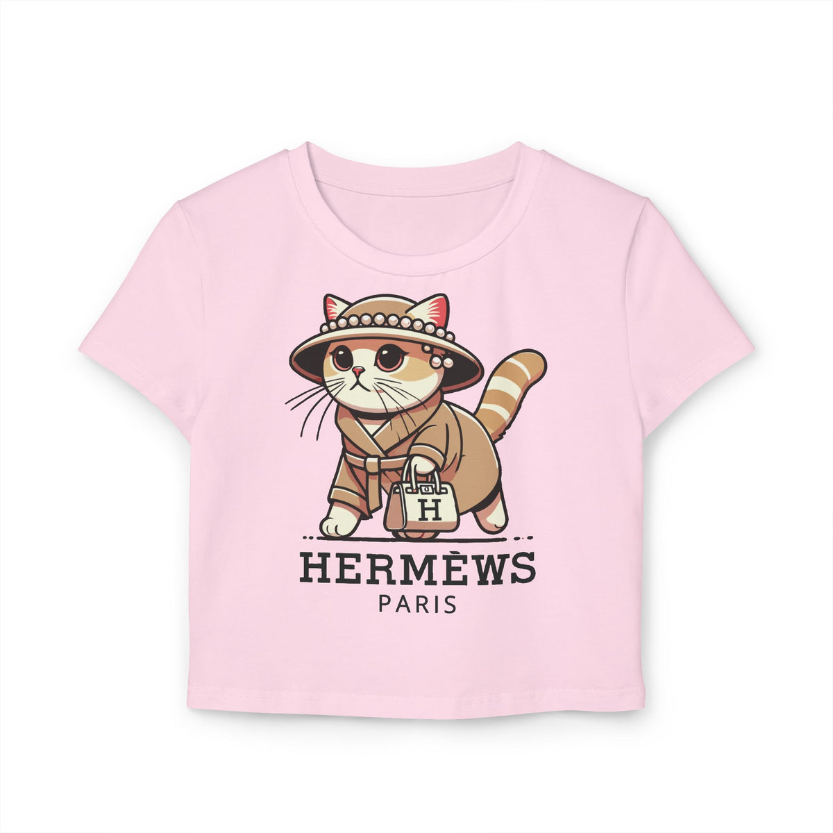 Hermèws Paris Chic Cat Graphic Women's Baby Tee in light pink, front view