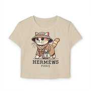 Hermèws Paris Chic Cat Graphic Women's Baby Tee in sand, flat lay
