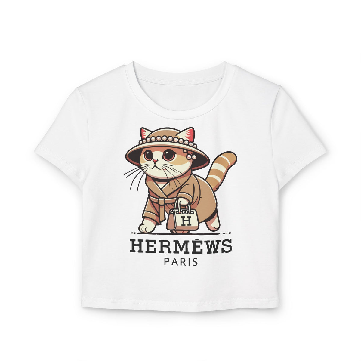 Hermèws Paris Chic Cat Graphic Women's Baby Tee in white, flat lay