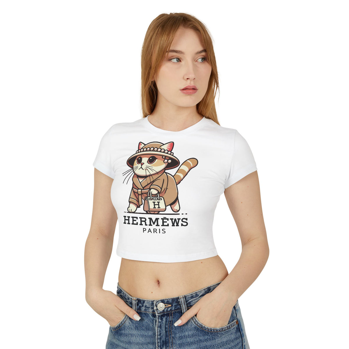 Hermèws Paris Chic Cat Graphic Women's Baby Tee in white, worn by a model