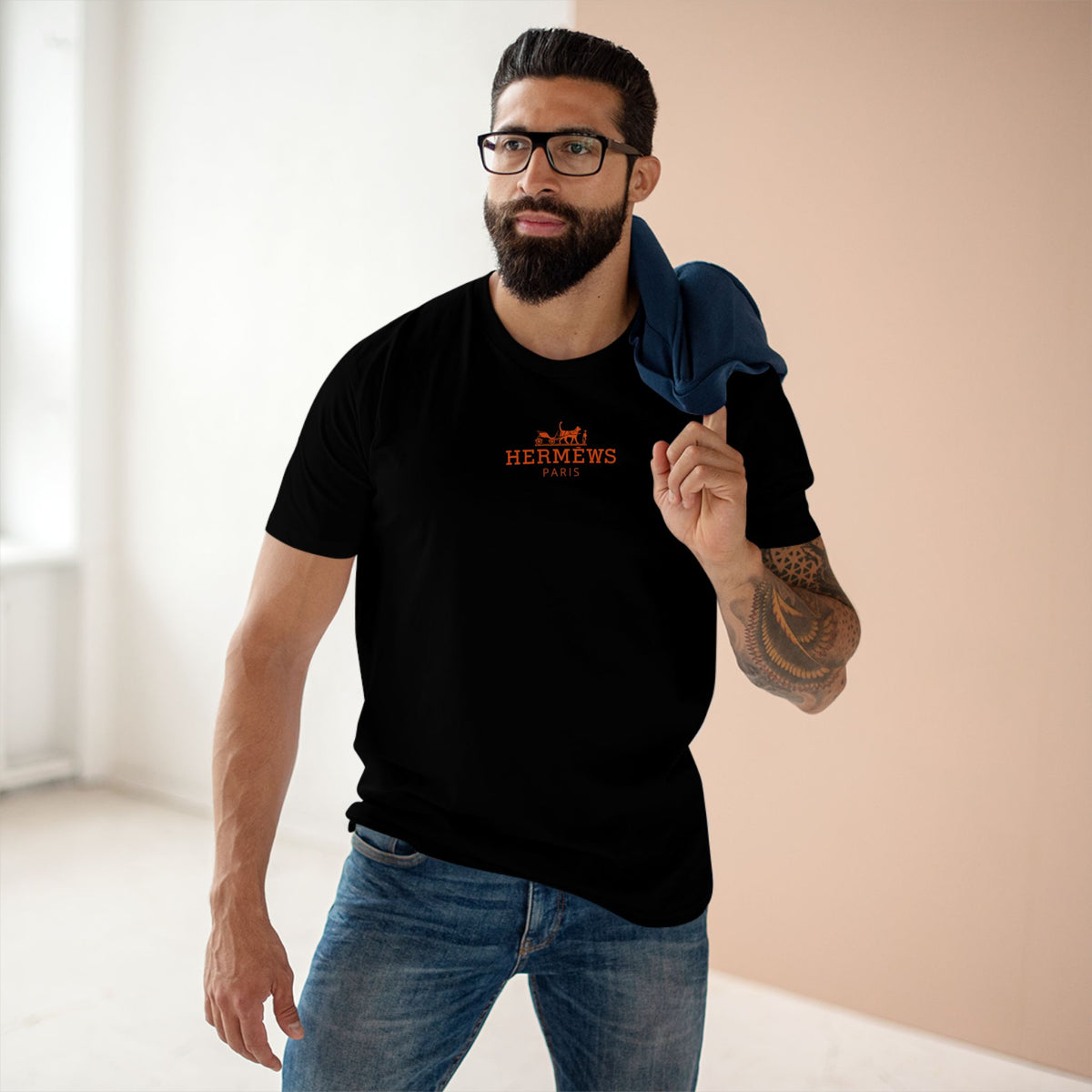 Hermèws Paris Sunset Voyage Cat Graphic Black T-Shirt, worn by a male model