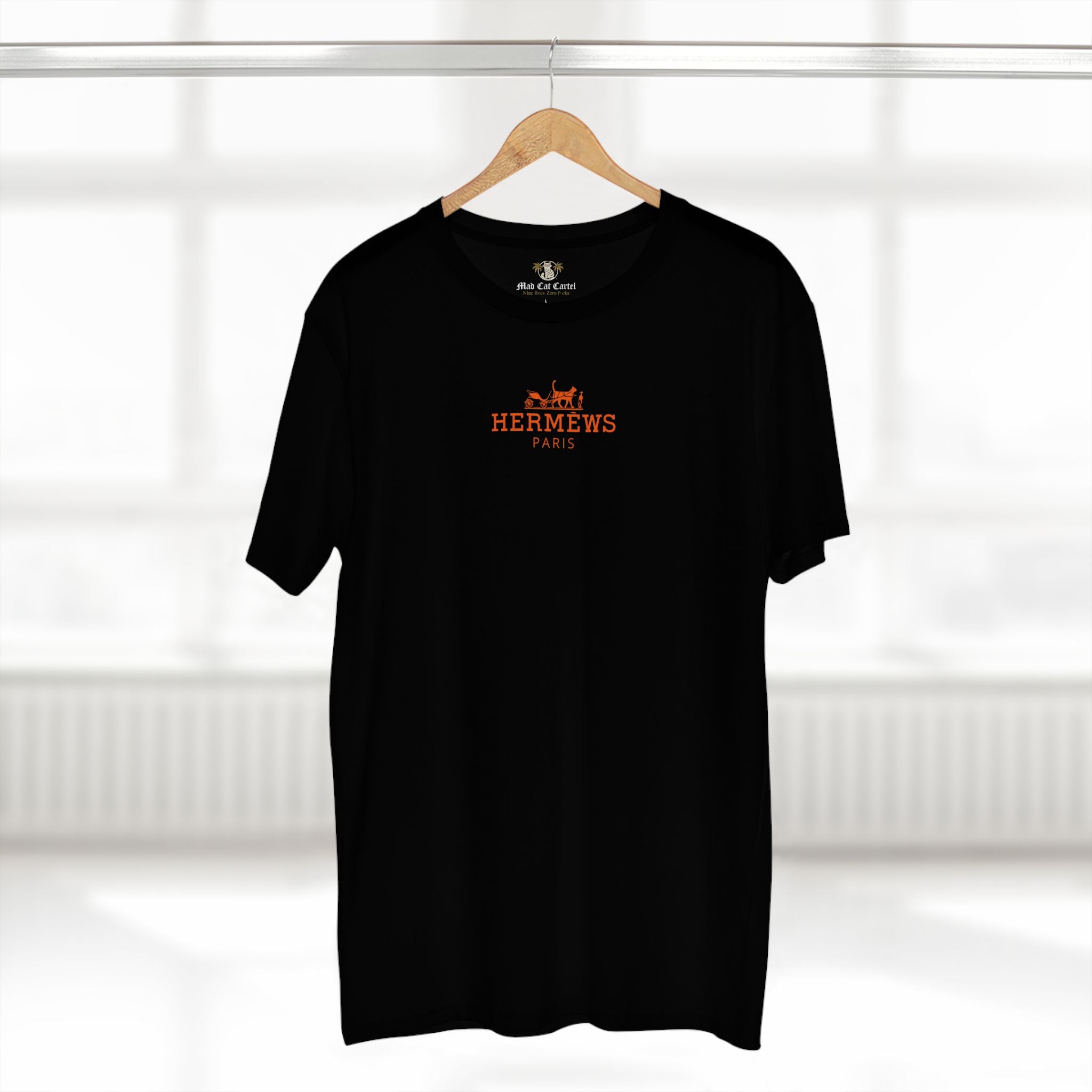 Hermèws Paris Sunset Voyage Cat Graphic Black T-Shirt, on a hanger