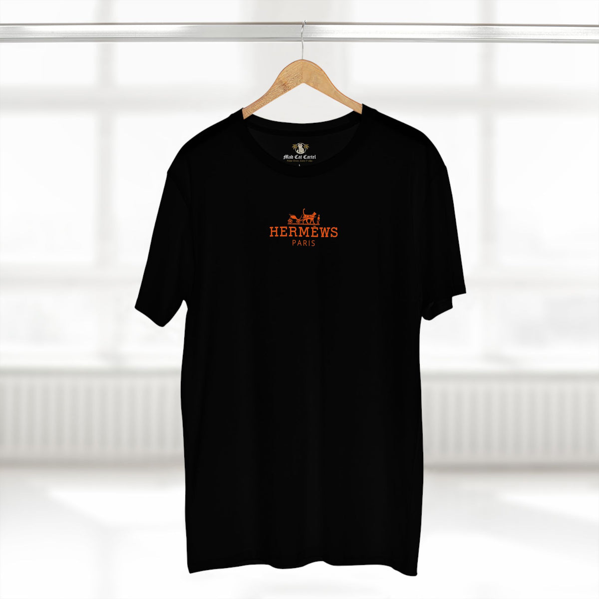 Hermèws Paris Sunset Voyage Cat Graphic Black T-Shirt, on a hanger