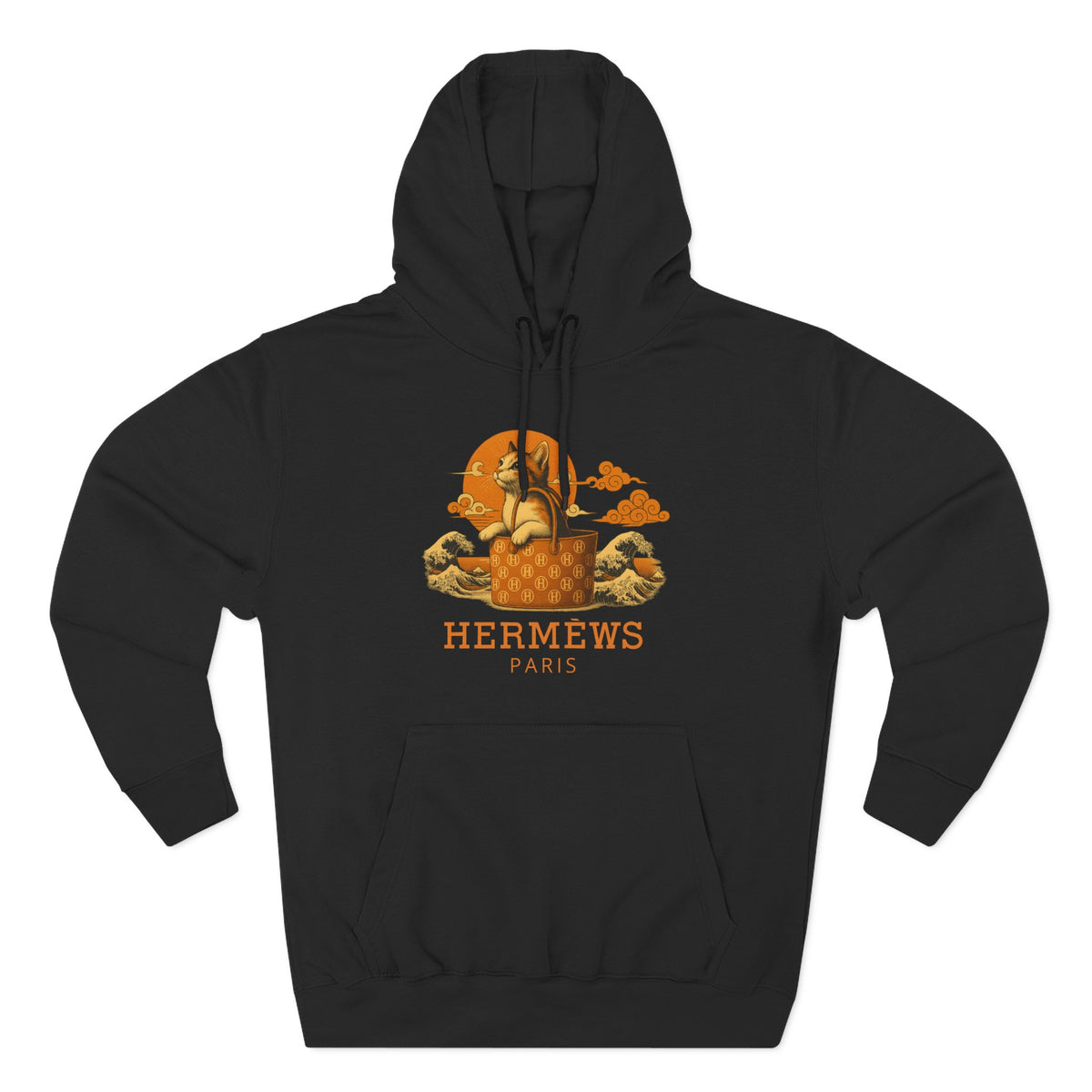 Hermèws Paris Sunset Voyage Cat Graphic Hoodie in black, front view