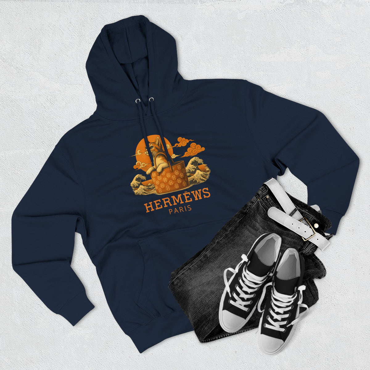 Hermèws Paris Sunset Voyage Cat Graphic Hoodie in navy, flat lay